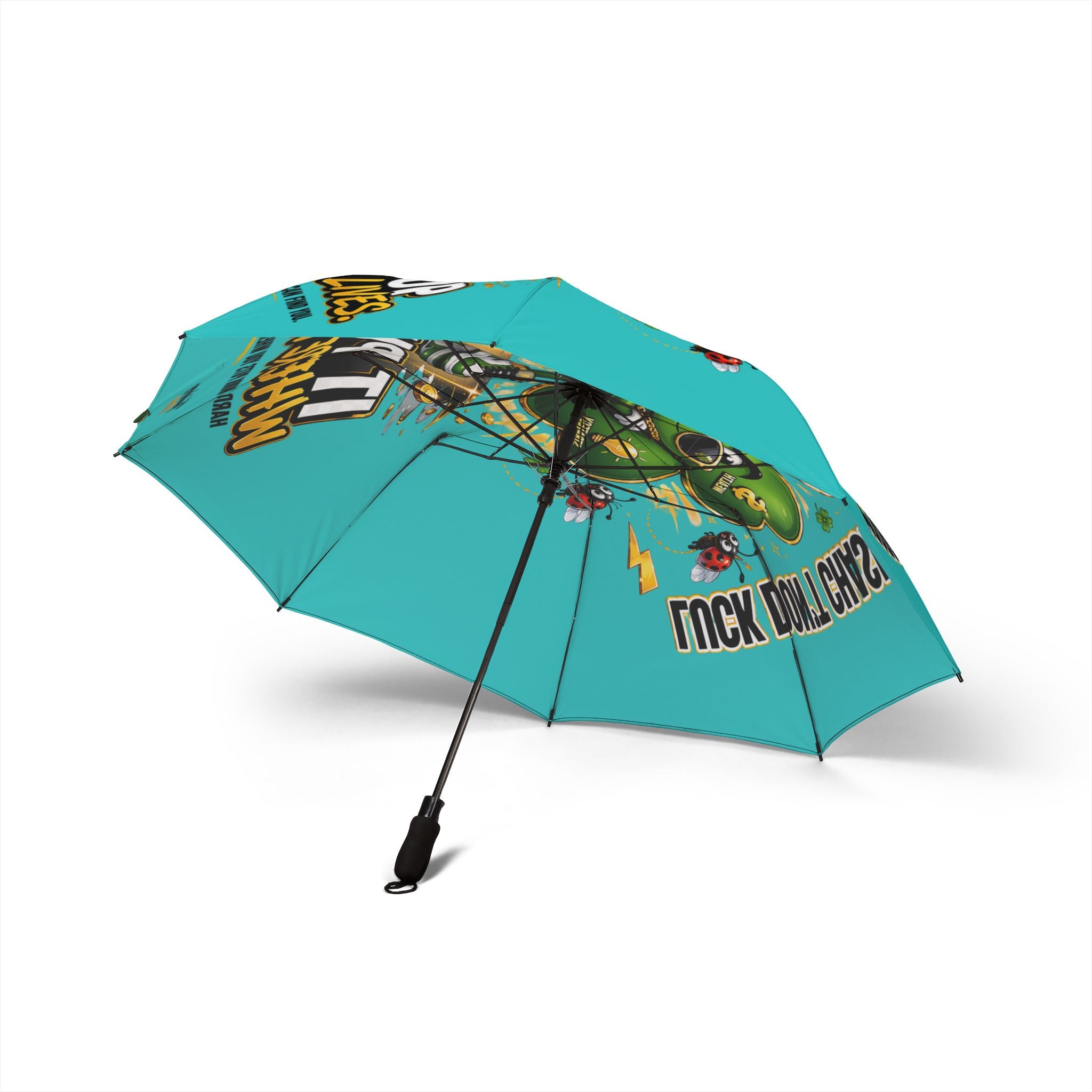 The Lucky Clover "Pulls Up Lives" Graphic Teal Foldable Umbrella features a cartoon green airplane, yellow lightning bolt, stylized "Rock Roll Girlz" text, and a black handle. Available in one size.