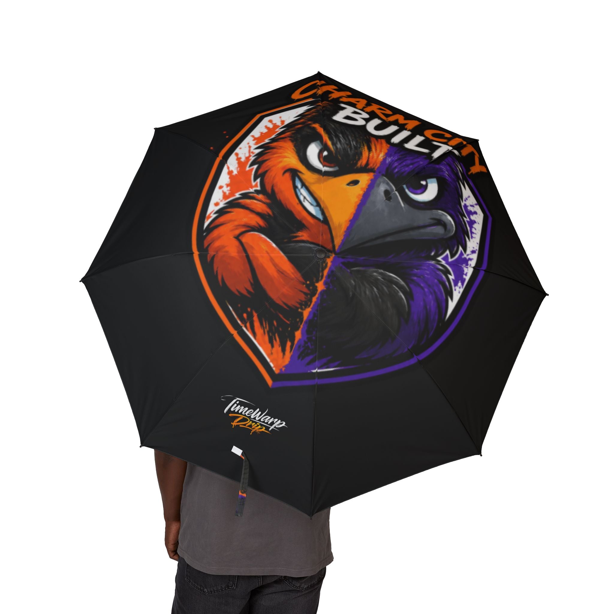 TimeWarp Drip Flex the scene: Charm City Built foldable umbrella, black drip canopy, cartoon bird swag—Baltimore streetwear vibes!. 