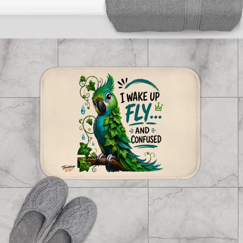 TimeWarp Drip green parrot bath mat—streetwise "I Wake Up Fly and Confused" drip, bold bathroom rug with slippers and towels. 