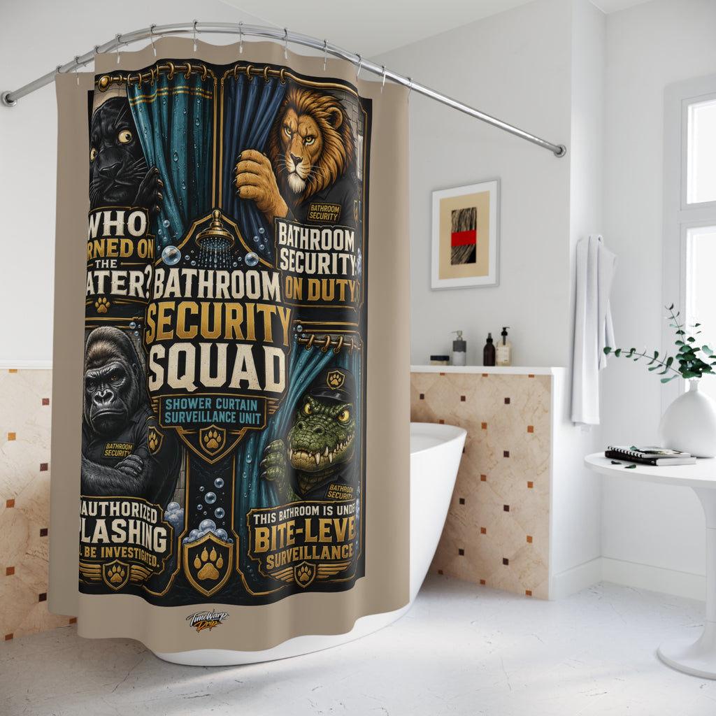 TimeWarp Drip – Beige shower curtain, bold animal guardians graphic, elevates urban bathroom style by sleek white tub and sink. | premium streetwear