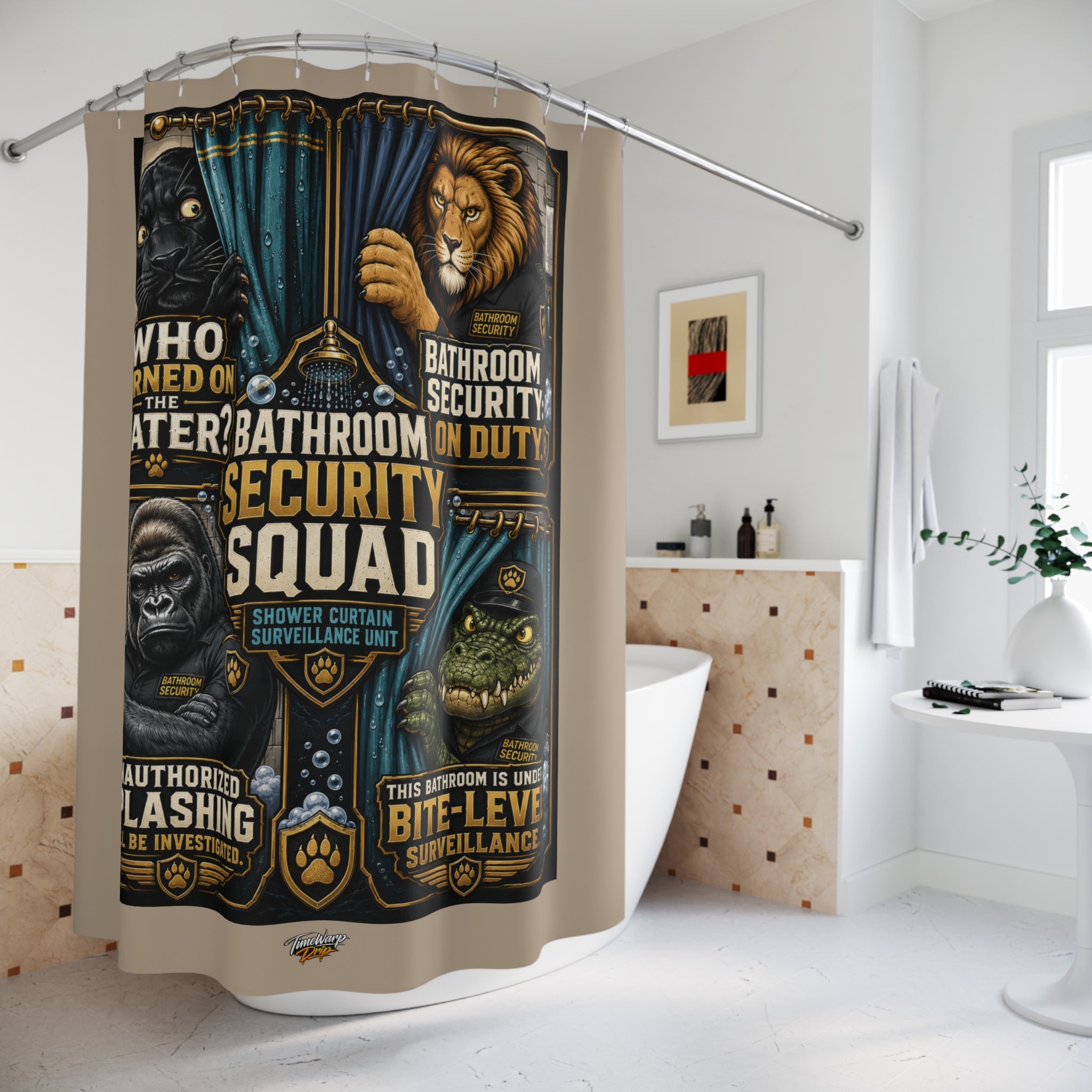 TimeWarp Drip – Beige shower curtain, bold animal guardians graphic, elevates urban bathroom style by sleek white tub and sink. | premium streetwear