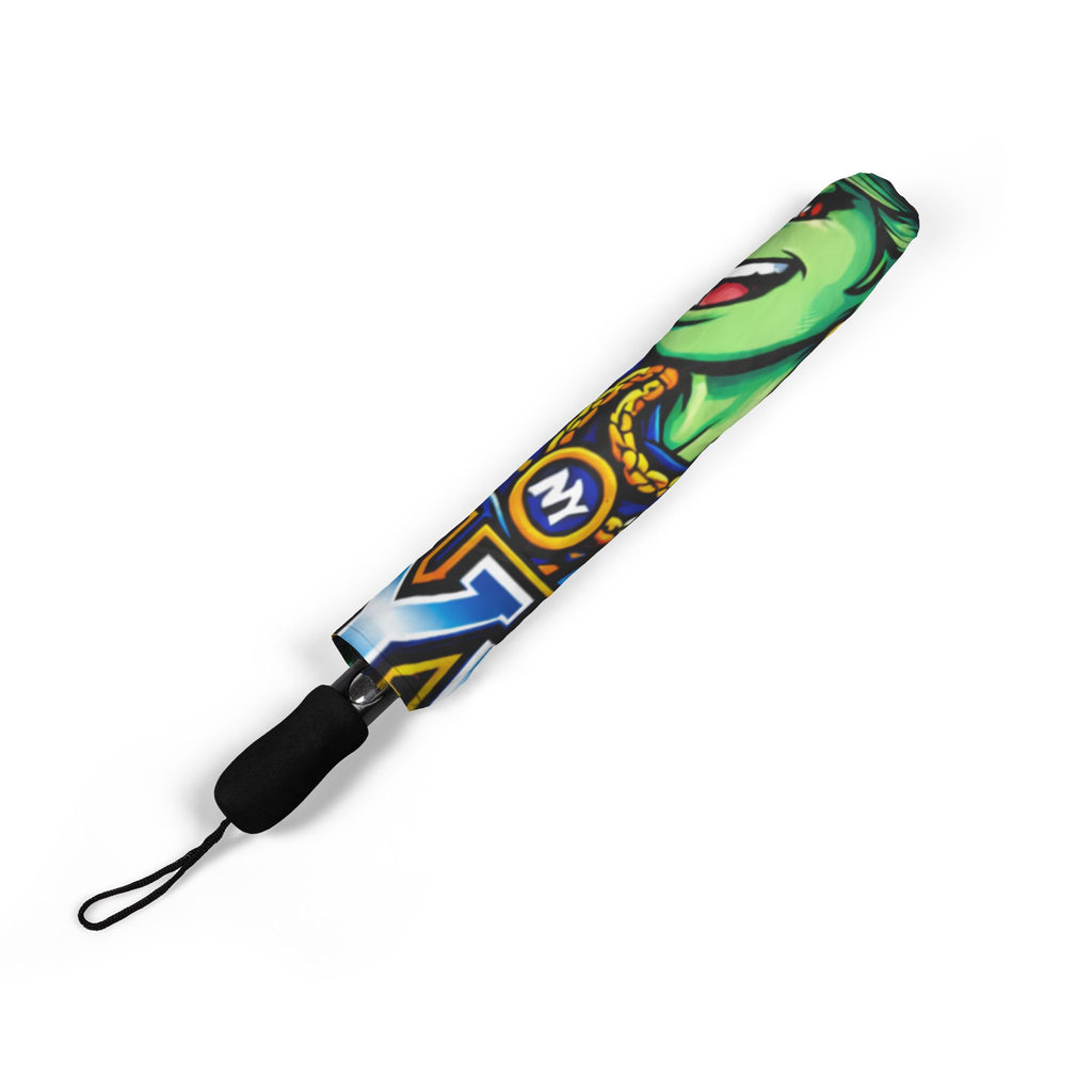 Green NYC Night Out foldable umbrella by TimeWarp Drip, semi-automatic rain umbrella with colorful cityscape design, perfect for rainy days.