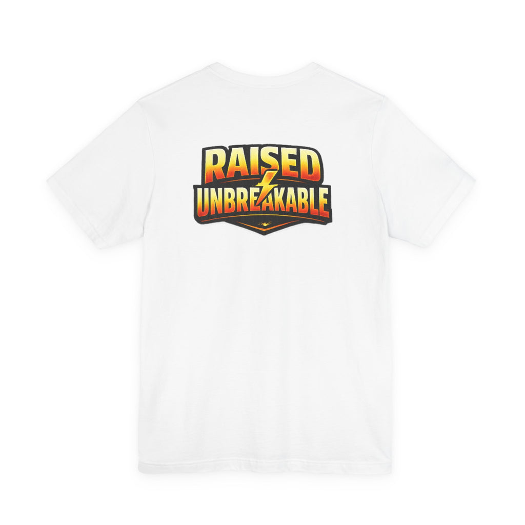 TimeWarp Drip White Printify Unbreakable T-Shirt: bold yellow-orange “UNBREAKABLE” and lightning bolt electrify the street-ready back. streetwear apparel