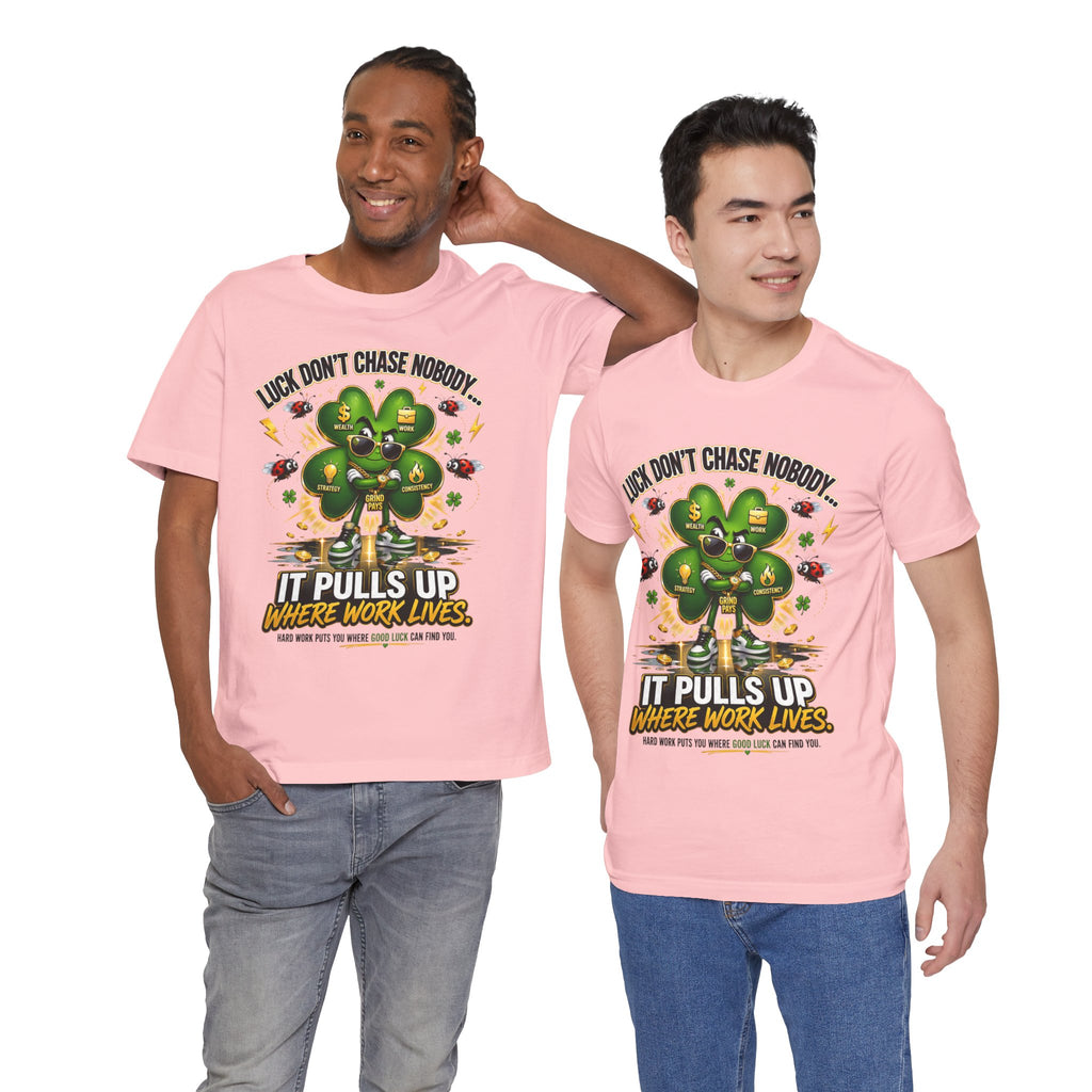 TimeWarp Drip Two guys rocking black Printify Luck Don't Chase Nobody tees—4-leaf clover drip, street-ready and bold. streetwear apparel