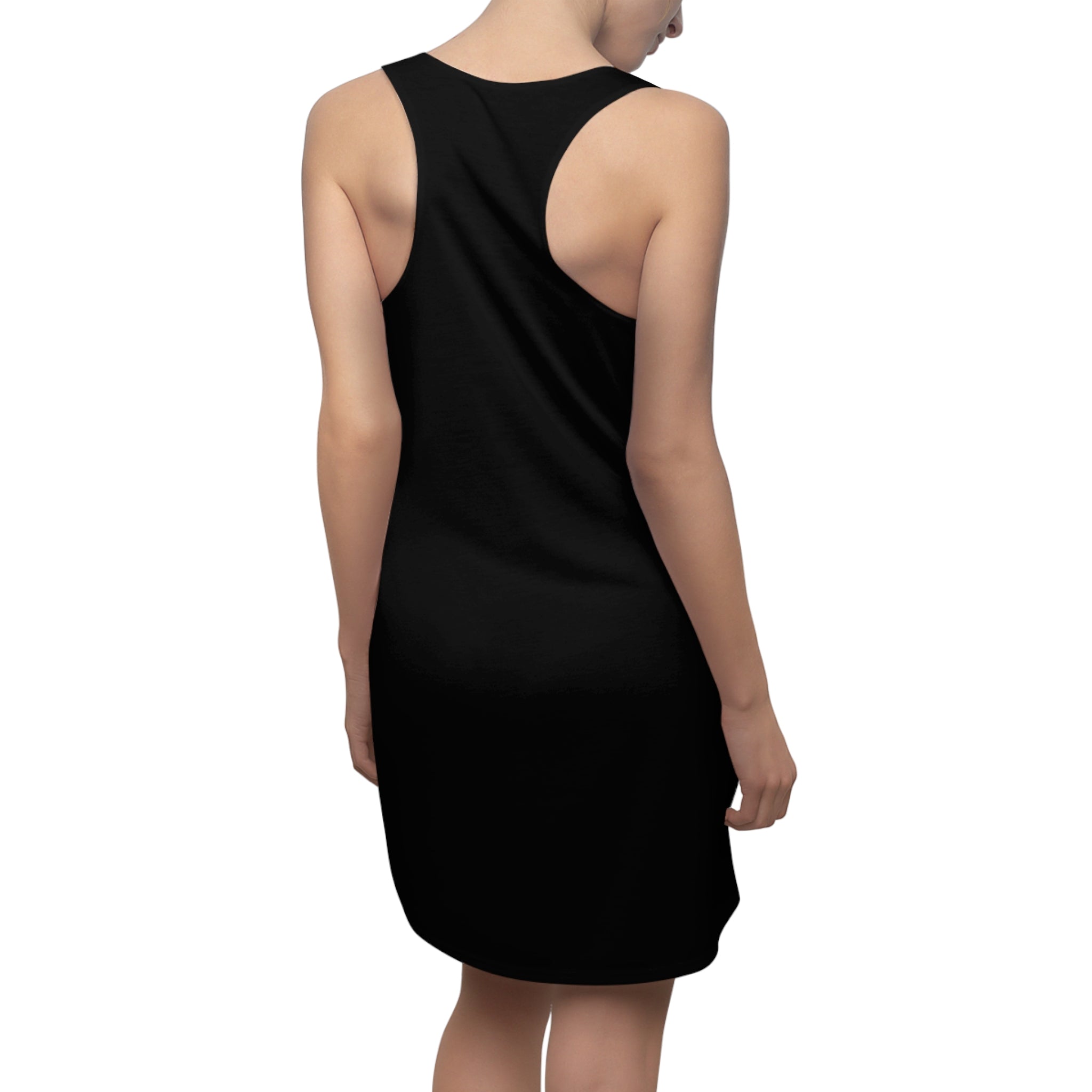 TimeWarp Drip Back view: Woman rocks Printify Black Racerback Dress, “Straight Outta Baltimore Charm City Attitude”—street chic on white. streetwear apparel