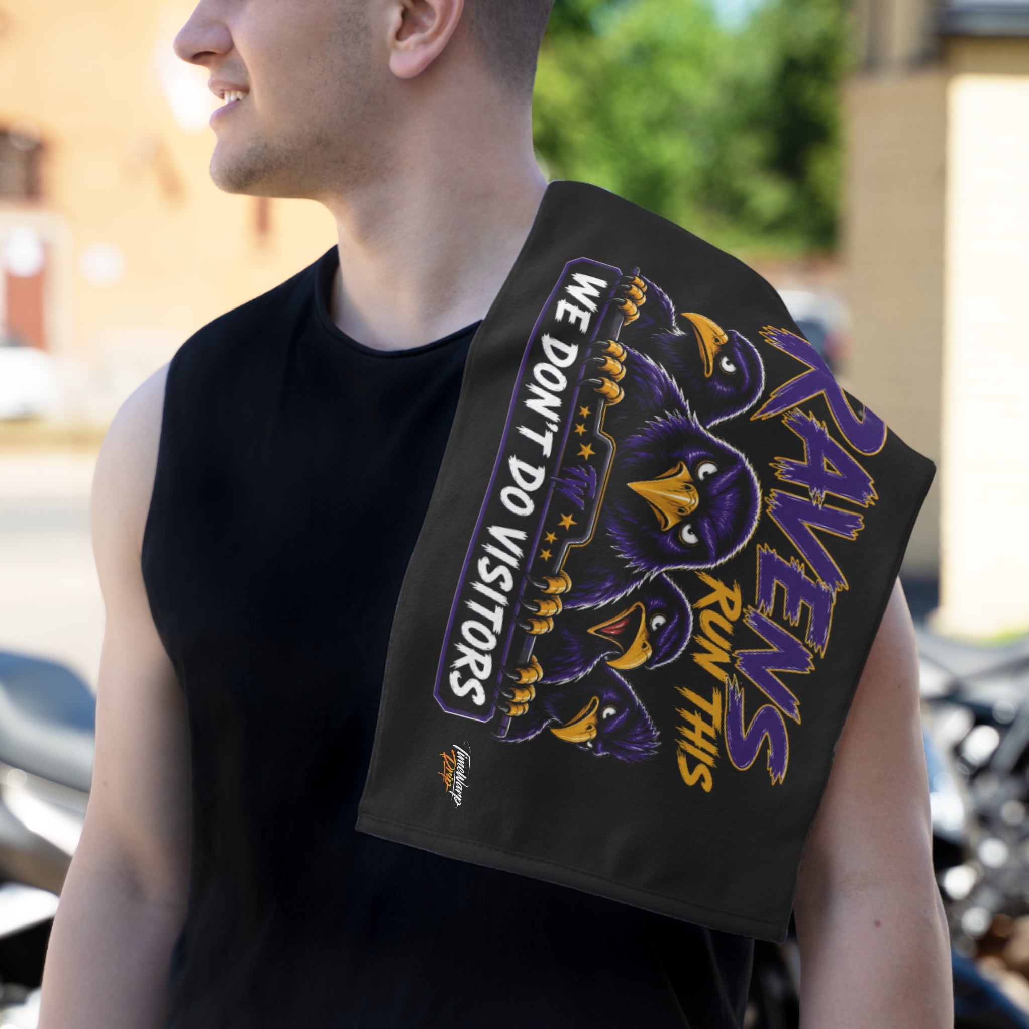 TimeWarp Drip Confident dude rocks Printify’s “Home Flock Advantage” black rally towel, 11x18, Ravens Run This swag—bold, fresh street style. streetwear apparel