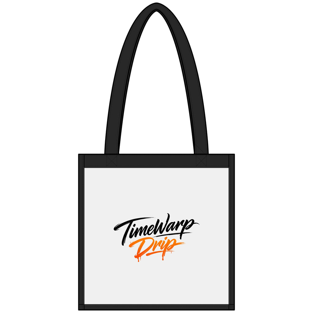 TimeWarp Drip Clear stadium tote bag with sleek black handles, rocking bold “We Don’t Do Visitors” script—Printify street-style statement. streetwear apparel