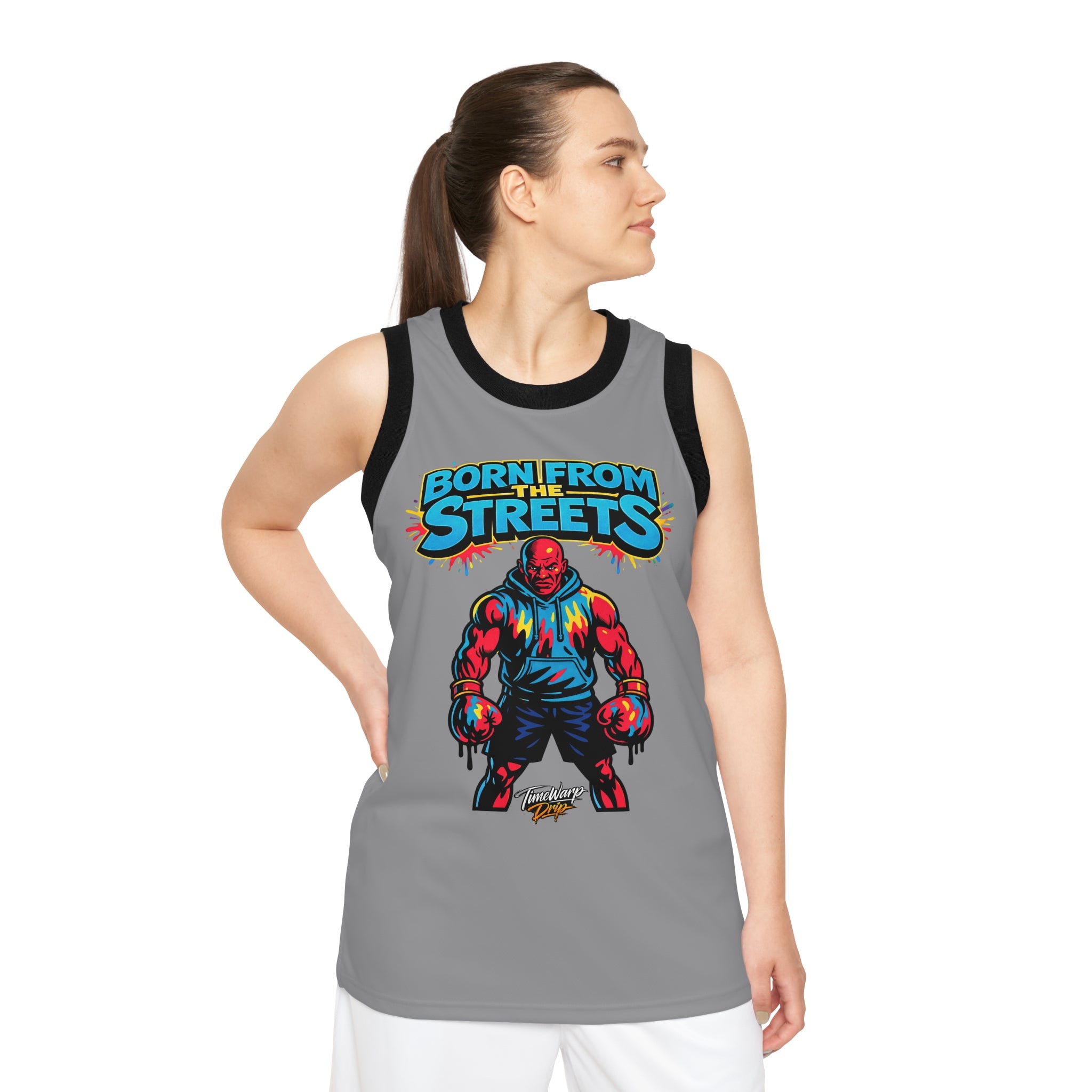 Grey graphic jersey with all-over street-inspired print from Printify, featuring bold street art design.