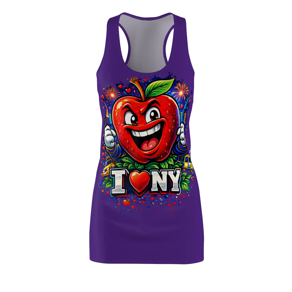 Purple racerback dress with "Big Apple Attitude" all-over print by TimeWarp Drip featuring vibrant New York City-themed design.