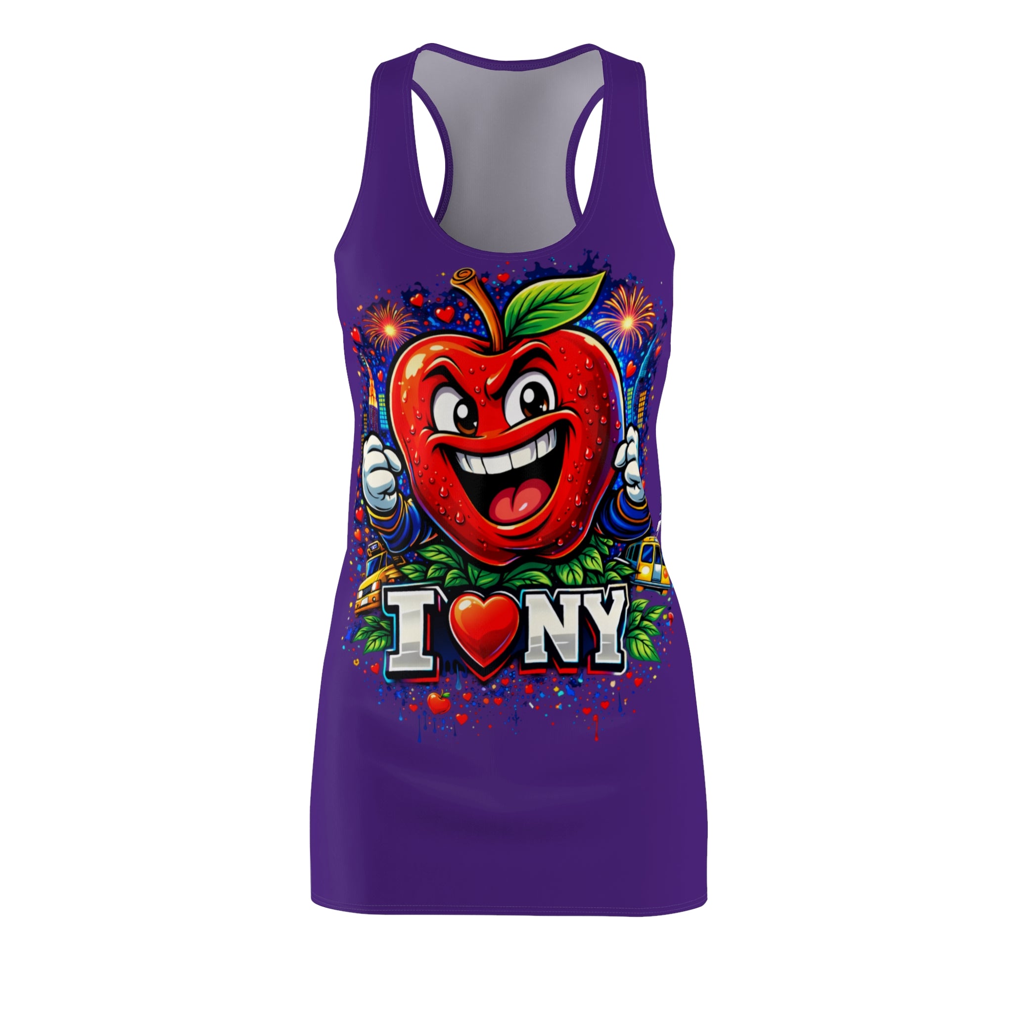 Purple racerback dress with "Big Apple Attitude" all-over print by TimeWarp Drip featuring vibrant New York City-themed design.