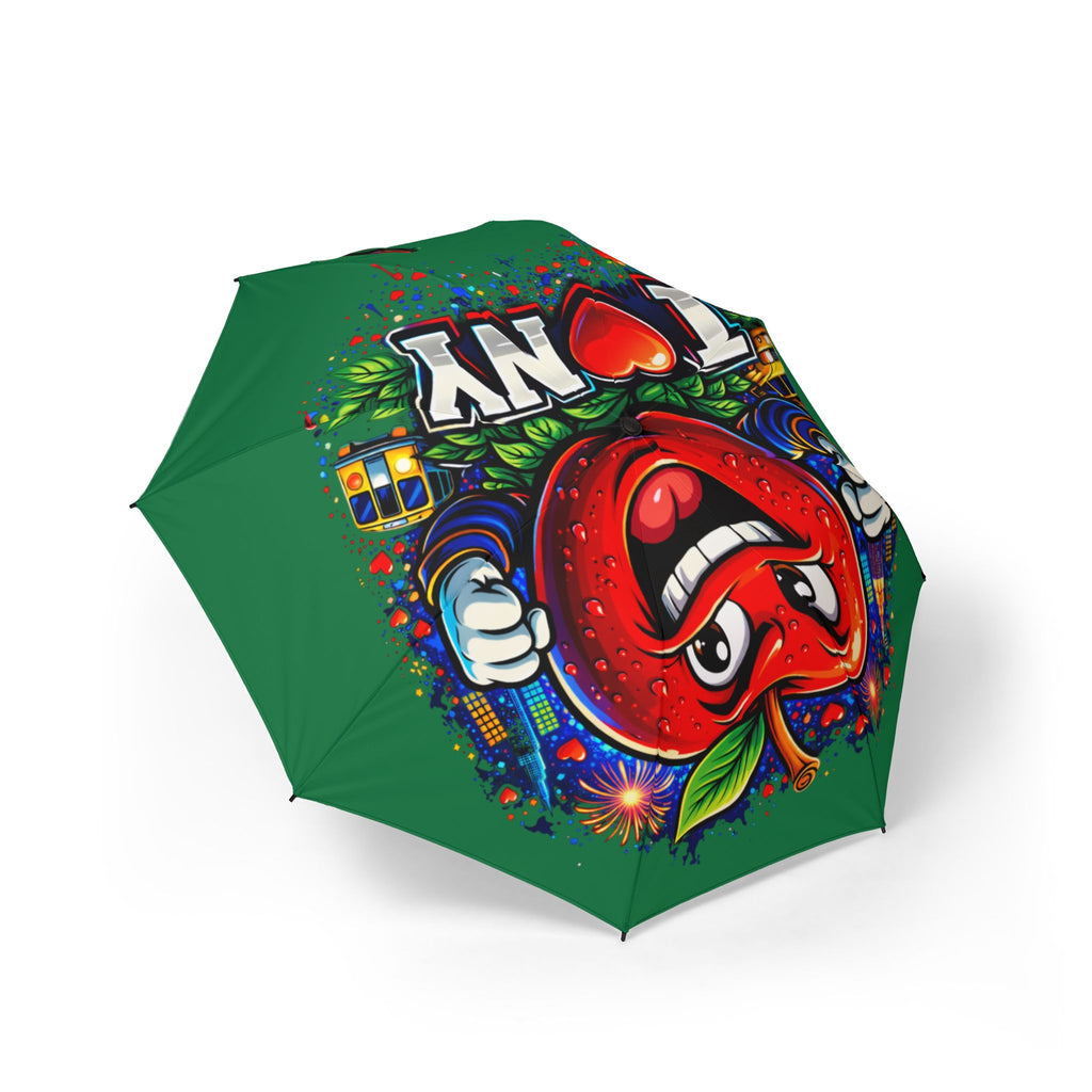 Green I Love NYC foldable semi-automatic rain umbrella with colorful design, compact accessory for rainy days.