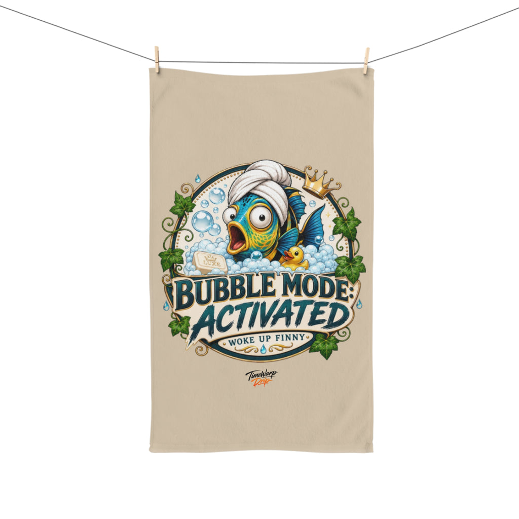 TimeWarp Drip Bubble Mode’s poppin’—this white hand towel flexes a crowned, turbaned cartoon fish. Drip certified streetwear swag!. 