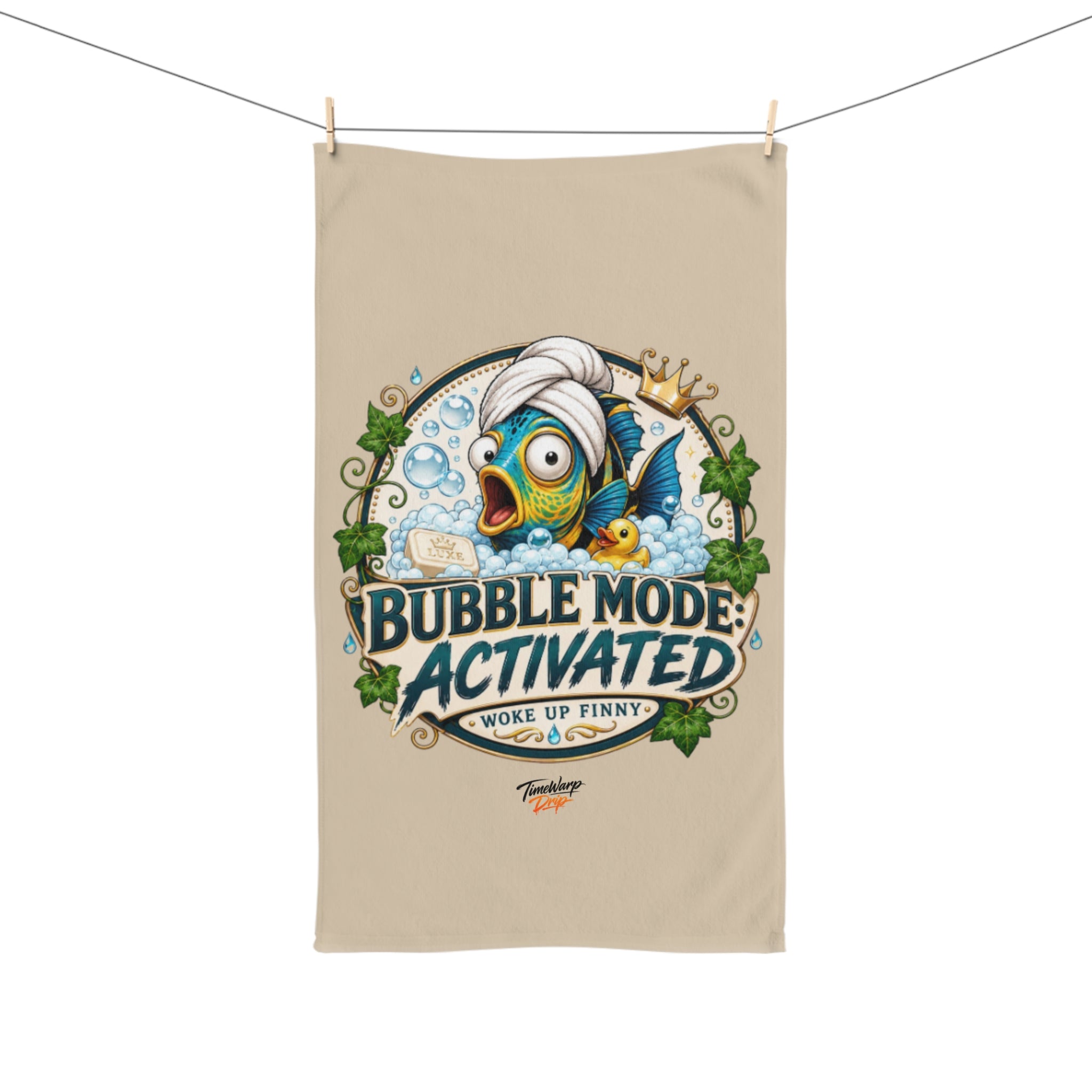 TimeWarp Drip Bubble Mode’s poppin’—this white hand towel flexes a crowned, turbaned cartoon fish. Drip certified streetwear swag!. 
