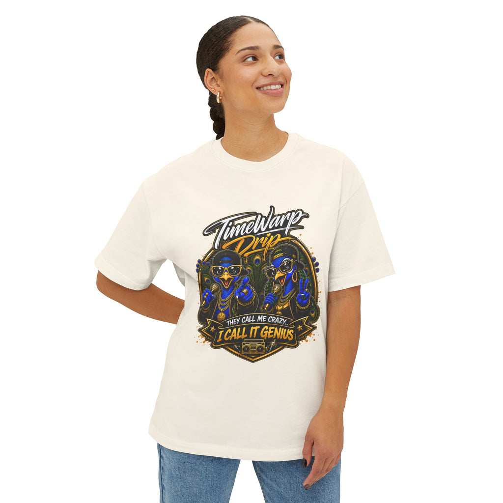 TimeWarp Drip – Oversized white boxy tee with Dual Peacock hip-hop street art, model smiling and gazing sideways—urban street style energy. | premium streetwear