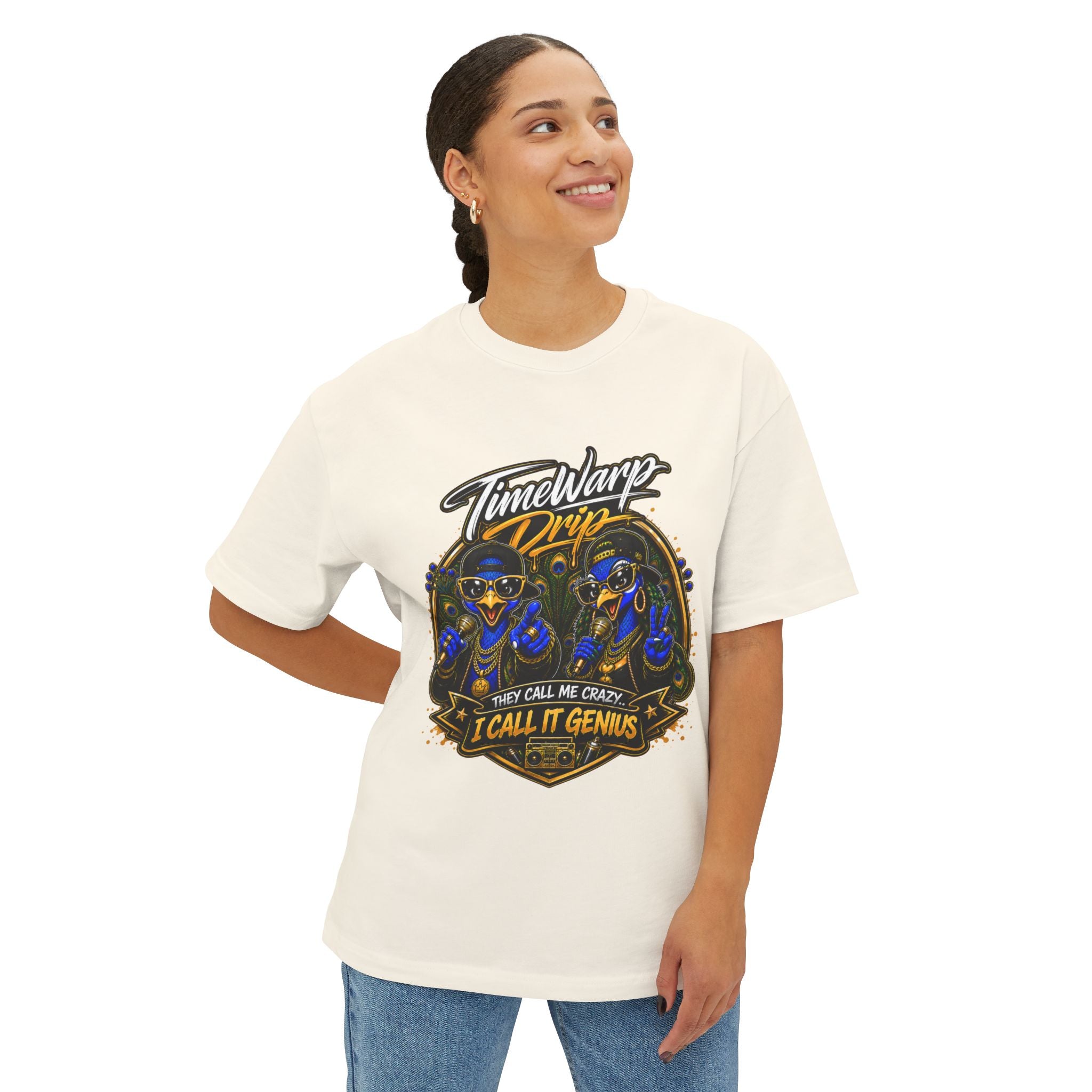 TimeWarp Drip – Oversized white boxy tee with Dual Peacock hip-hop street art, model smiling and gazing sideways—urban street style energy. | premium streetwear