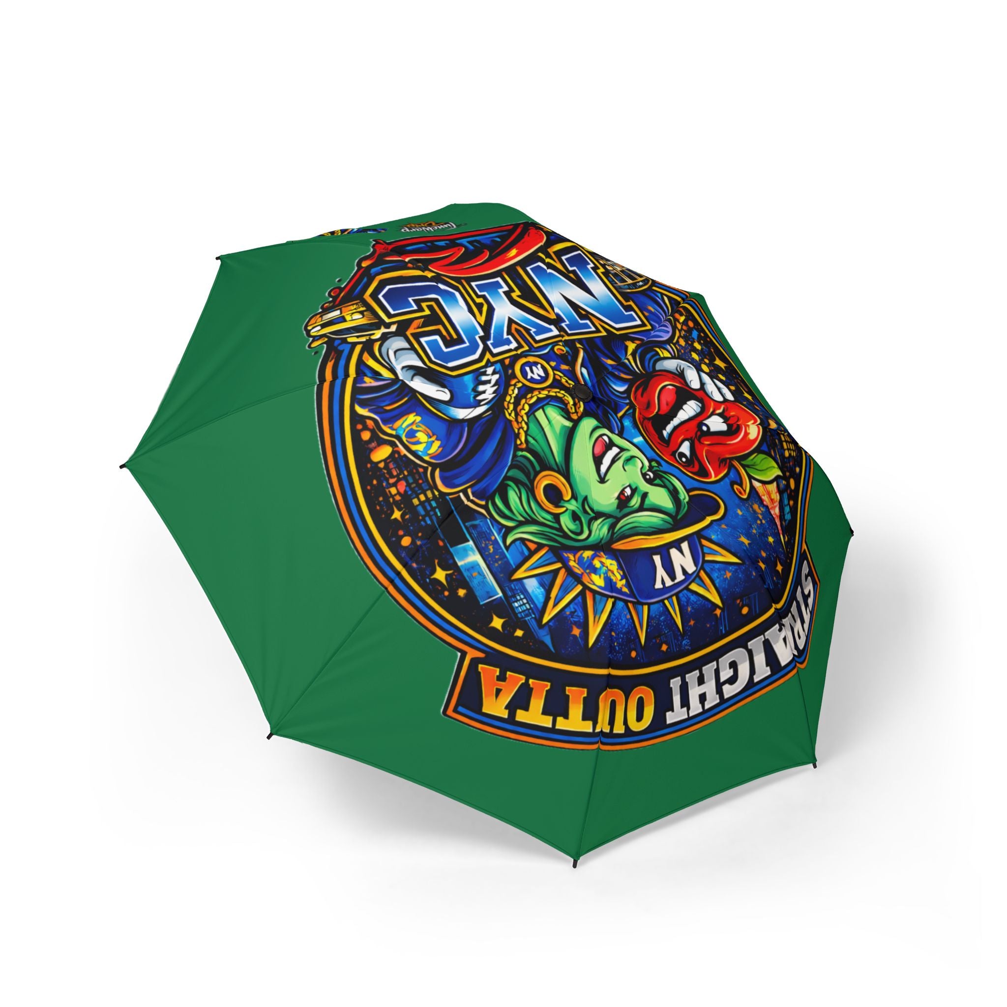 Green NYC Night Out foldable umbrella with colorful design, semi-automatic rain umbrella by TimeWarp Drip, accessories for rainy days.