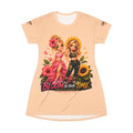 TimeWarp Drip Peach Bloom In Your Time sunflower T-shirt dress pops streetwise floral drip and bold BLOOM IN YOUR TIME text—retro vibes, all style. streetwear apparel