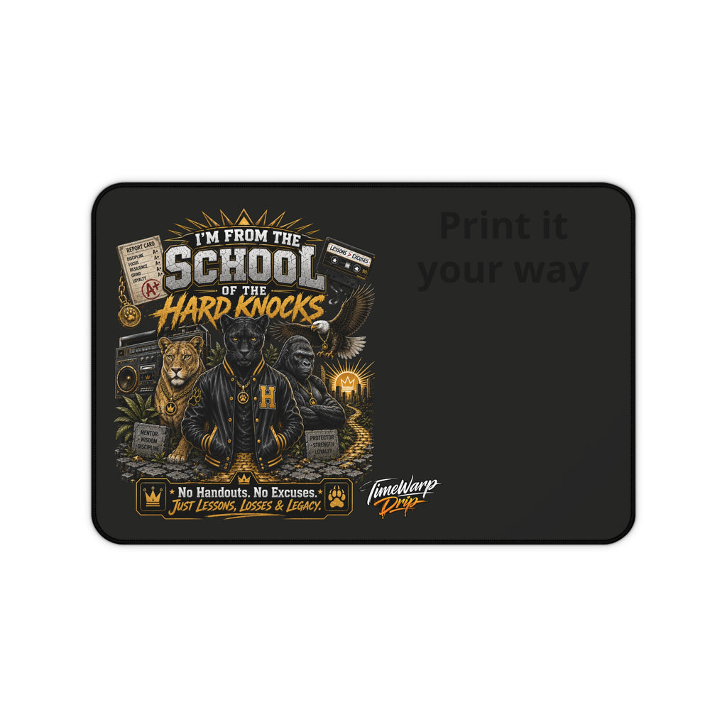TimeWarp Drip – Black neoprene desk mat, varsity wolf graphic, bold motivational quote; premium city-edge non-slip streetwear accessory. | premium streetwear
