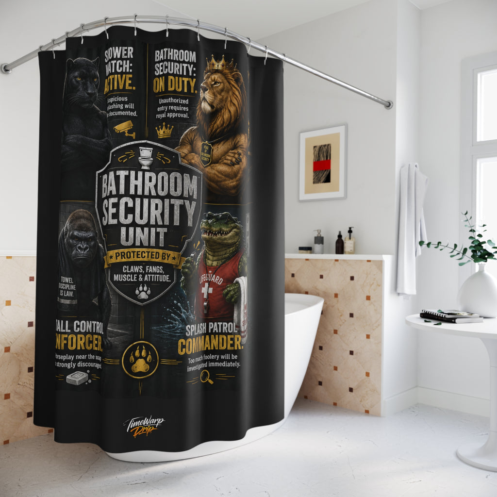TimeWarp Drip Printify “Bathroom Security Unit” shower curtain in bold white, rocking funny animal graphics—modern streetwear vibes for your bathroom. streetwear apparel