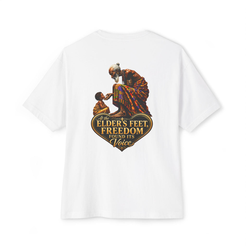 TimeWarp Drip – Black Premium Urban Fashiontee with striking elder and child graphic, bold quote: "At the elders feet, freedom found its voice. | premium streetwear