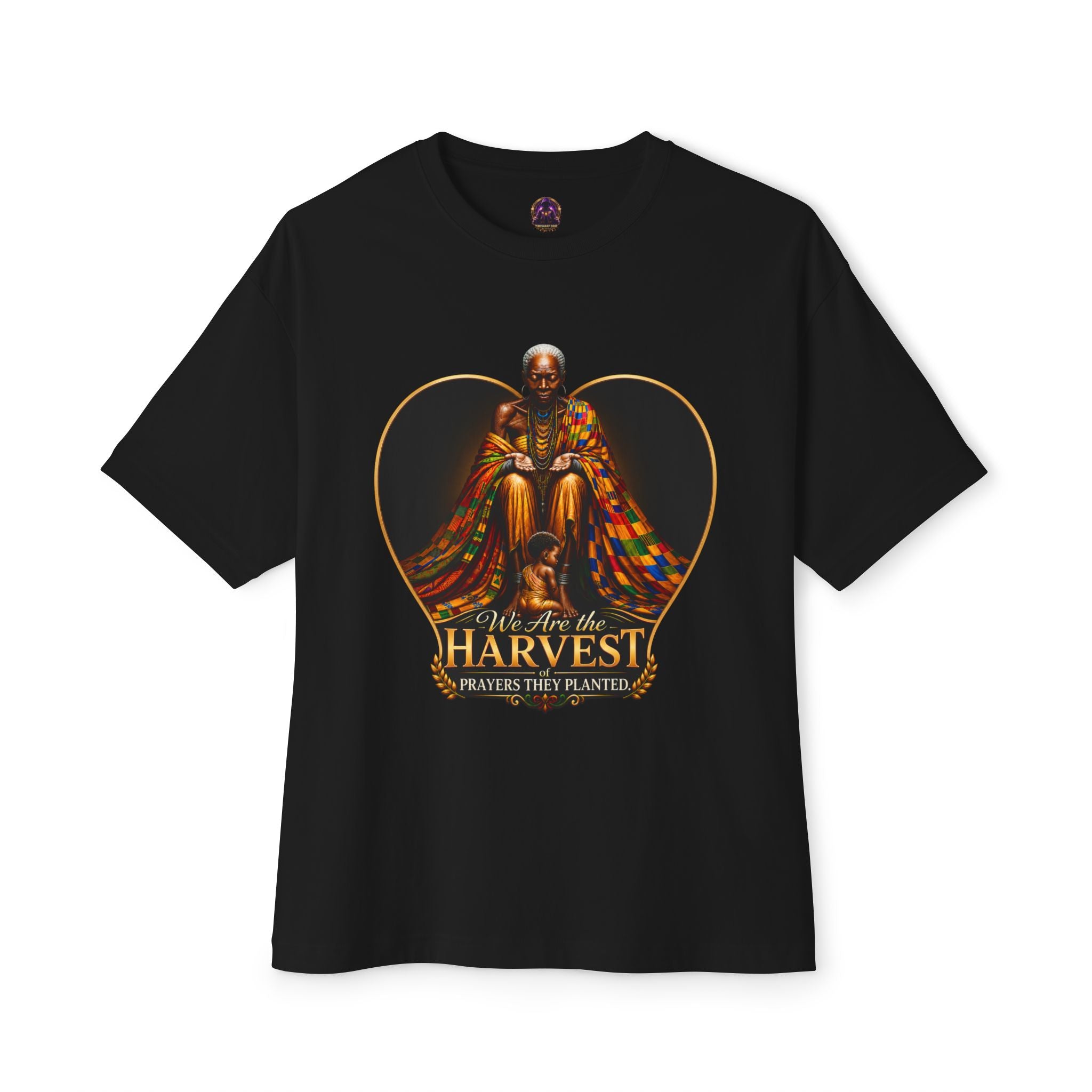 TimeWarp Drip – Black Premium Urban Fashiontee with bold elder graphic and “We are the harvest, prayers they planted” urban statement text. | premium streetwear