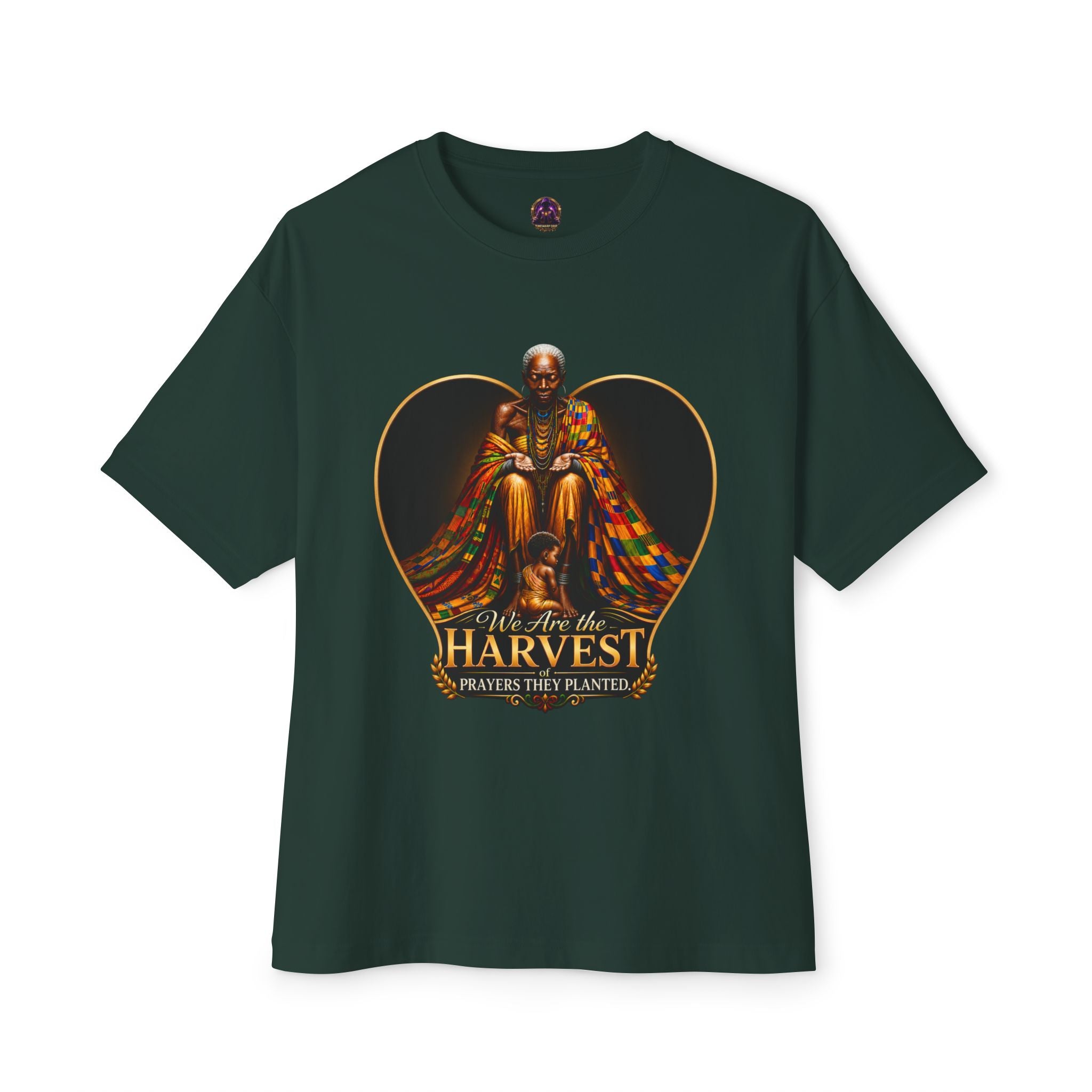 TimeWarp Drip – Black Premium Urban Fashiontee with urban elder in robes, bold "We Are the Harvest, Prayers They Planted" front graphic. | premium streetwear