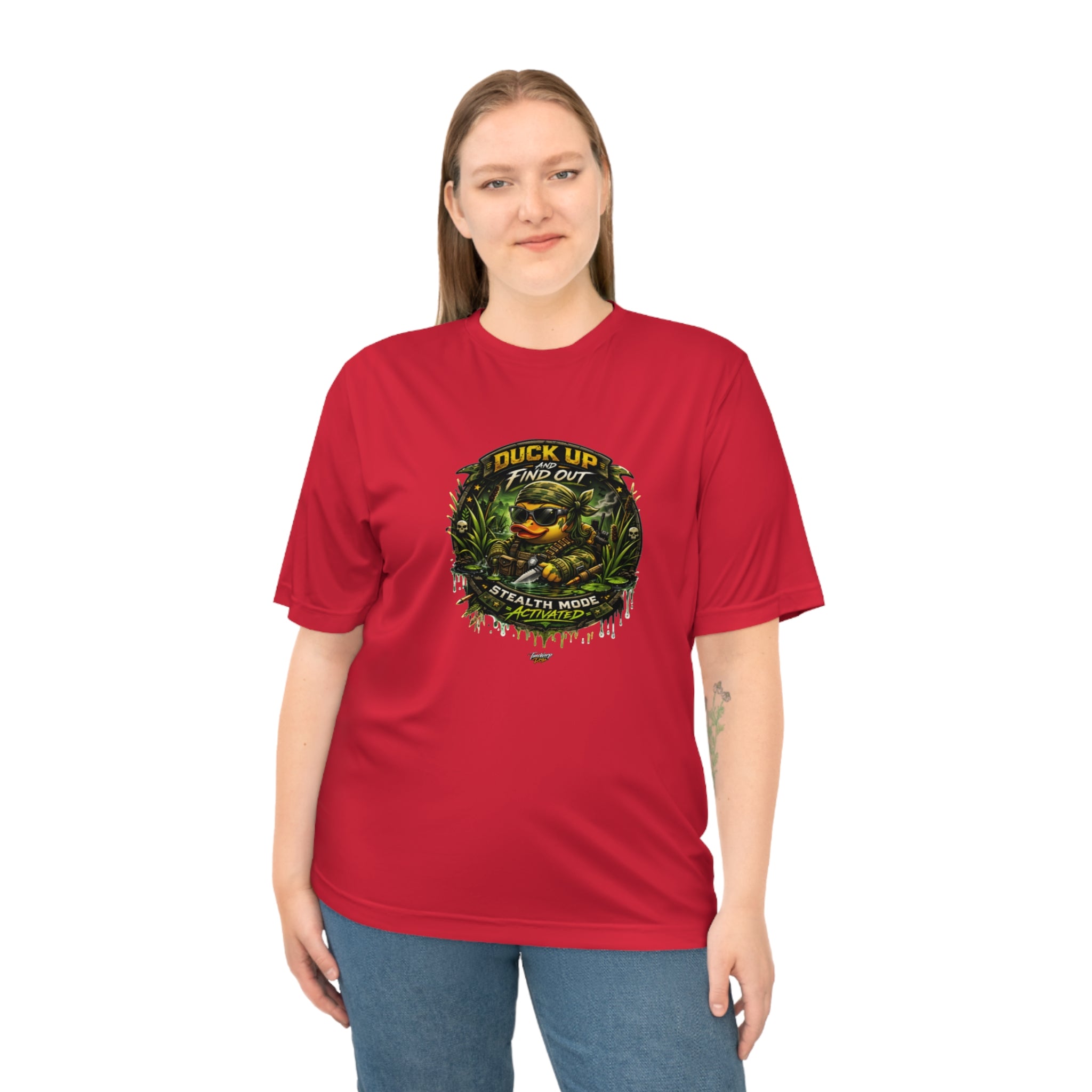 TimeWarp Drip Confident woman rocking TimeWarp Drip  Duck Up Find Out camo Premium Urban Fashiontee, Veteran Camo style; bold XS–2XL drip, size chart in view. Premium Urban Fashionapparel
