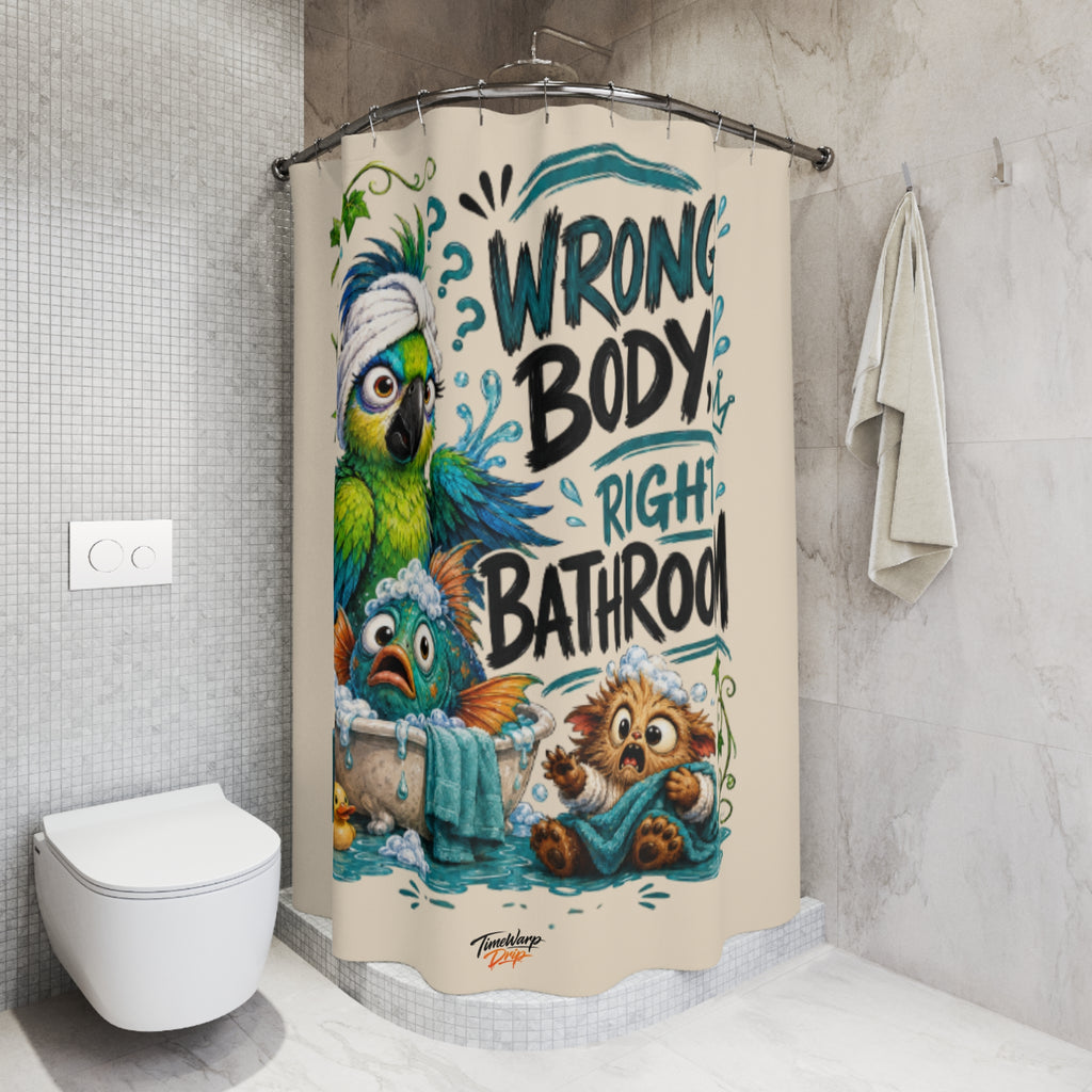 TimeWarp Drip Drip-hard Wrong Body, Right Bathroom™ shower curtain: white, streetwise parrot & raccoon, bold playful text, timewarp energy. 