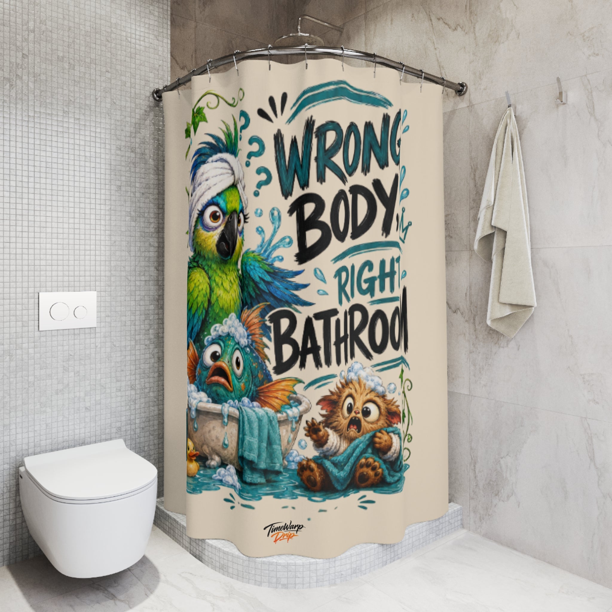 TimeWarp Drip Drip-hard Wrong Body, Right Bathroom™ shower curtain: white, streetwise parrot & raccoon, bold playful text, timewarp energy. 