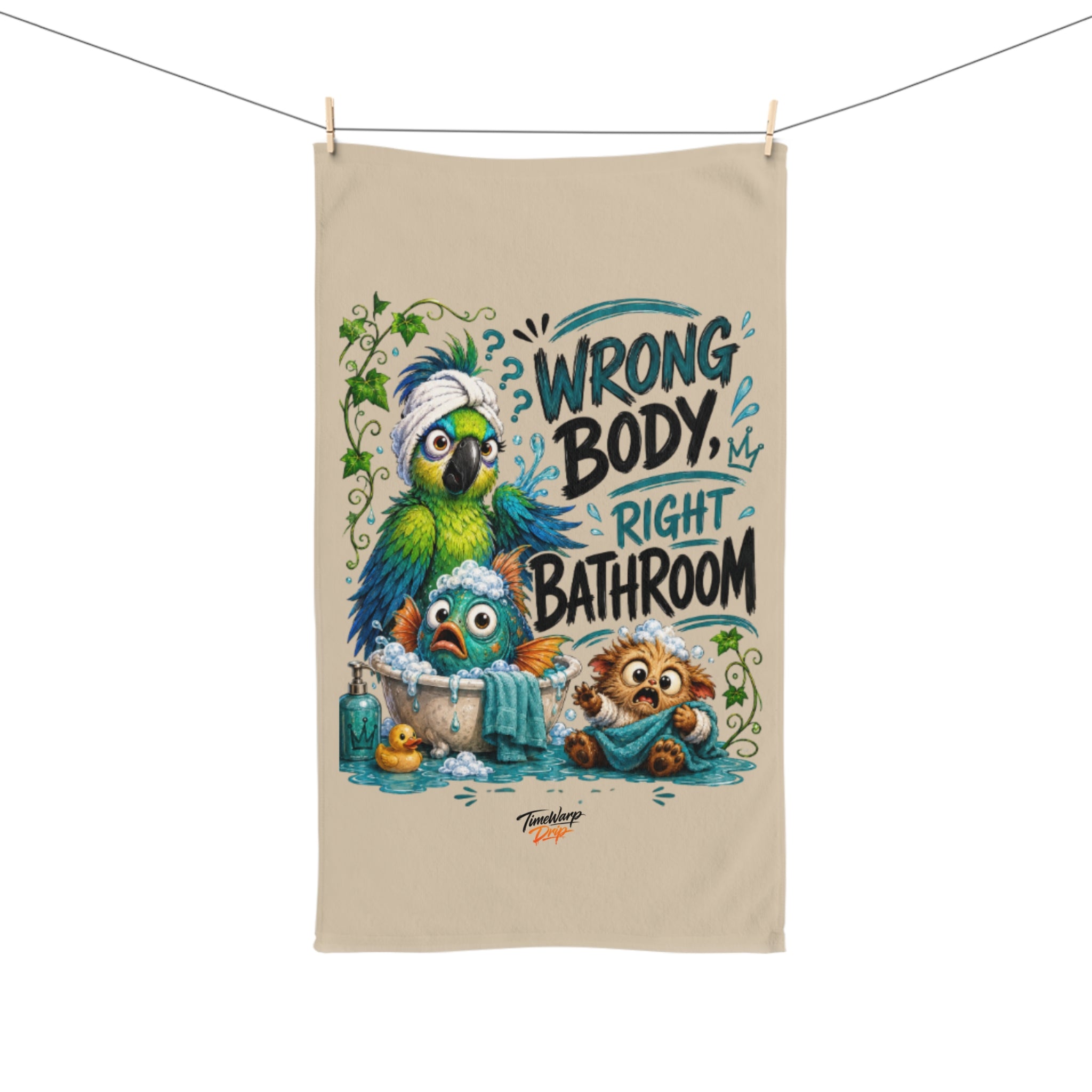 TimeWarp Drip  pastel hand towel drips with “Wrong Body, Right Bathroom” flare and bold cartoon birds—mythical streetwear style!. 