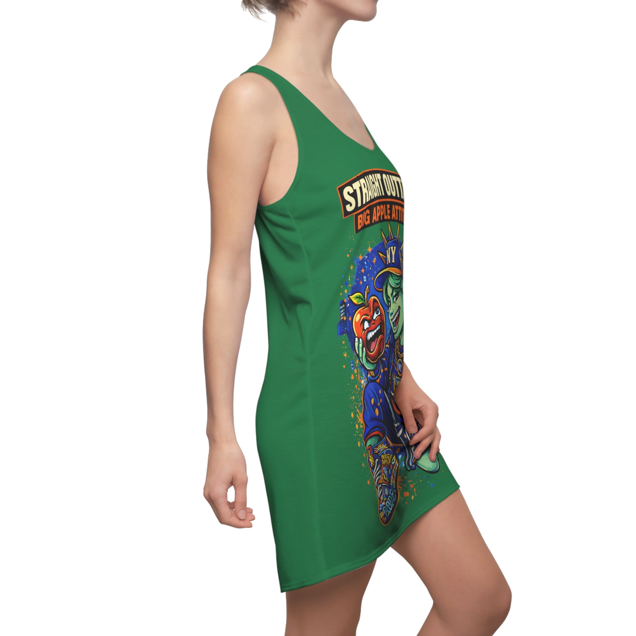 Green racerback dress with all-over NYC "Big Apple Attitude" print, featuring vibrant cityscape design by TimeWarp Drip.
