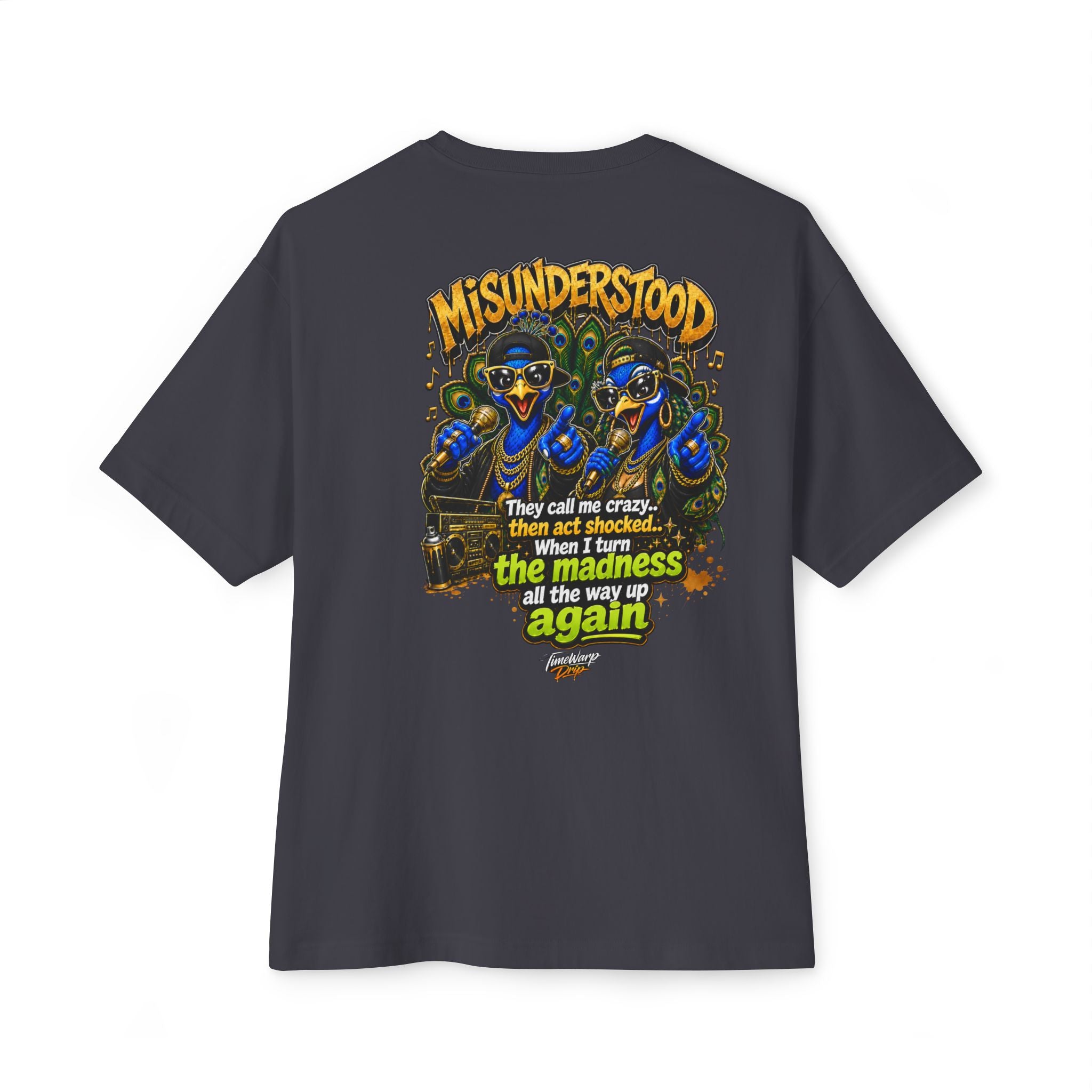 TimeWarp Drip – Oversized black boxy tee with dual peacocks and bold street art graphics, radiating fearless urban energy. | premium streetwear