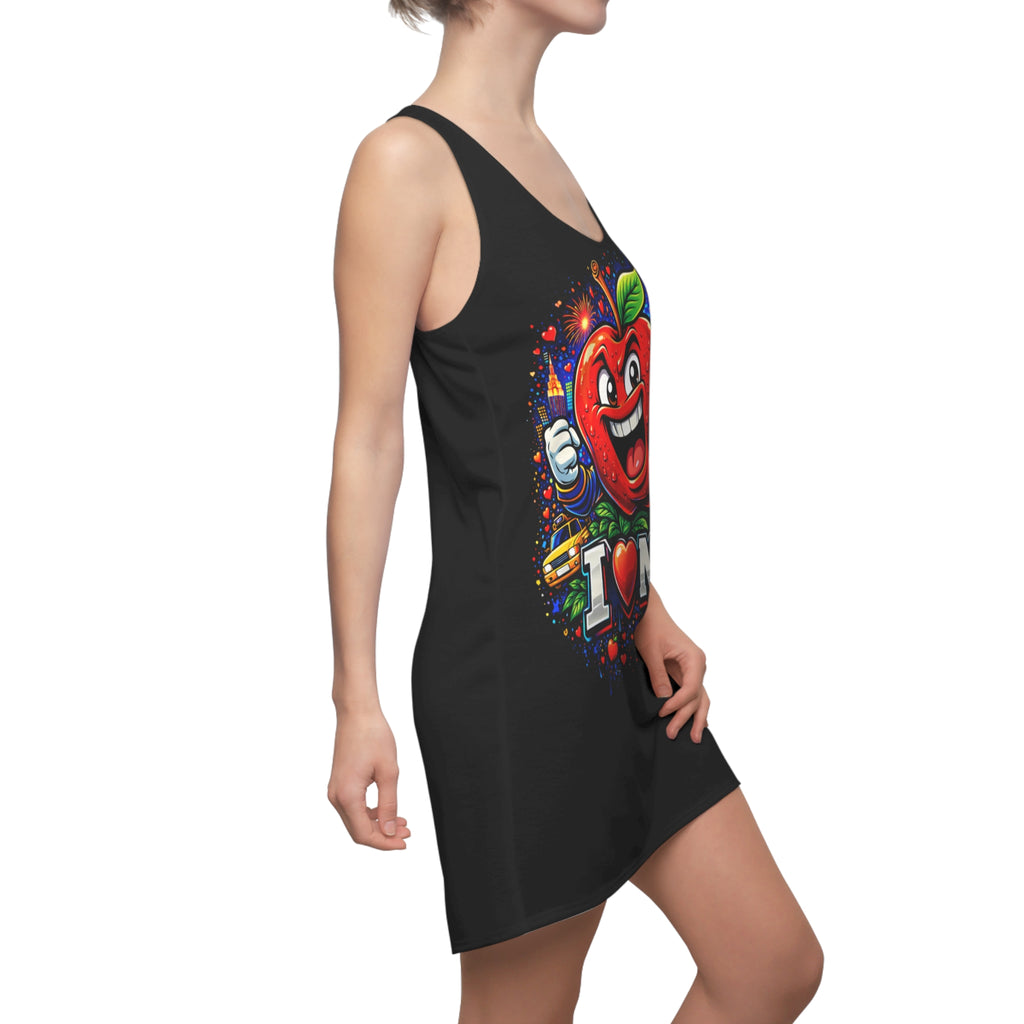 Black racerback dress with "Big Apple Attitude" all-over print, featuring New York City skyline design by TimeWarp Drip.