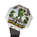 TimeWarp Drip Strut the streets with this white Printify foldable umbrella—froggy cartoon, bold “WHY IT ALWAYS GOTTA BE ME??” drip energy!. streetwear apparel