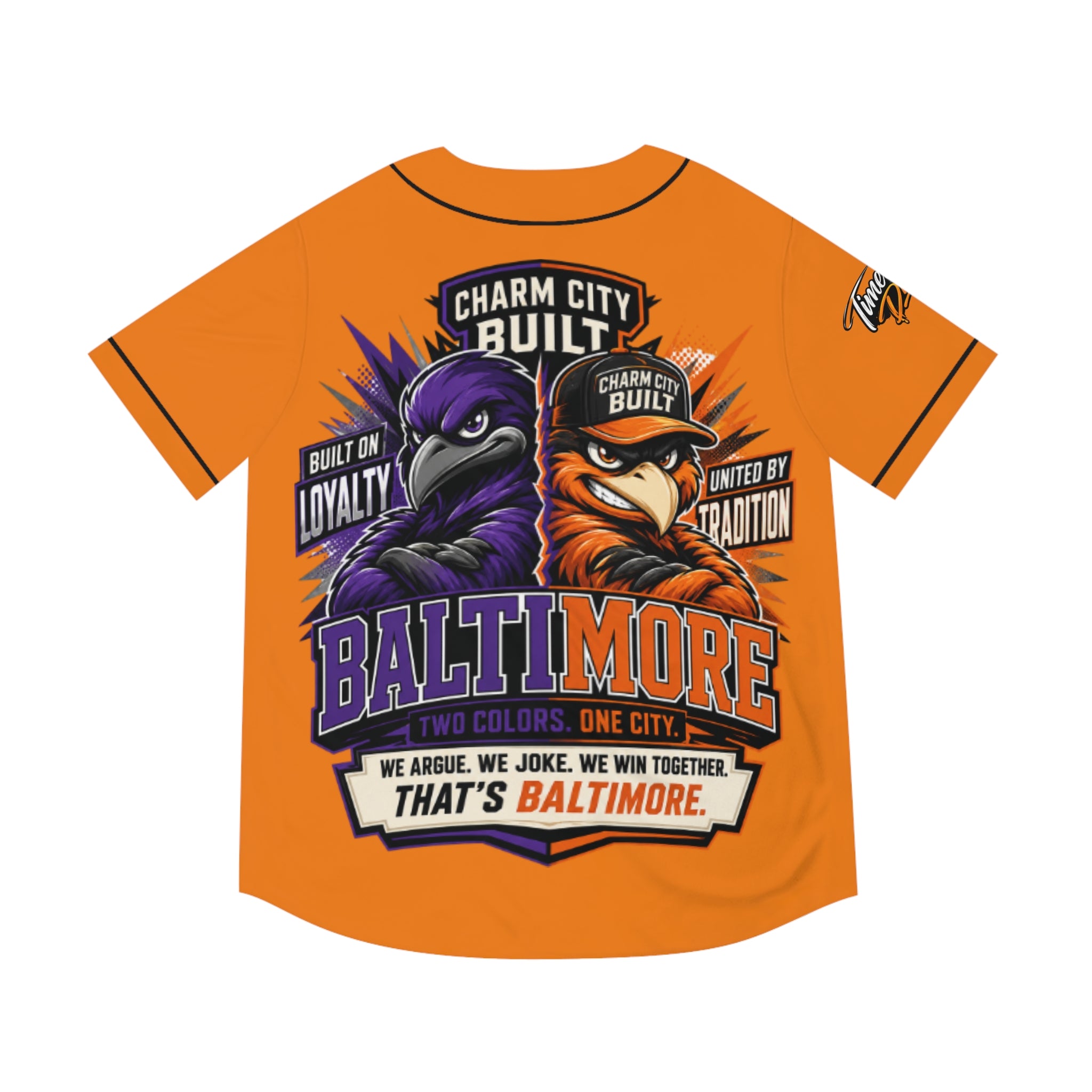 TimeWarp Drip – Orange Baltimore Charm City Built baseball jersey in moisture-wicking polyester; bold statement piece with dynamic street energy. | premium streetwear