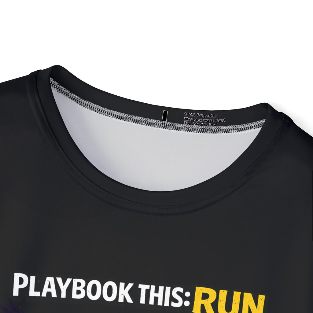TimeWarp Drip Men’s black TimeWarp Drip sports jersey, Turf Raiders Battle print, bold white/yellow “PLAYBOOK THIS: RUN” — street drip unleashed. streetwear apparel