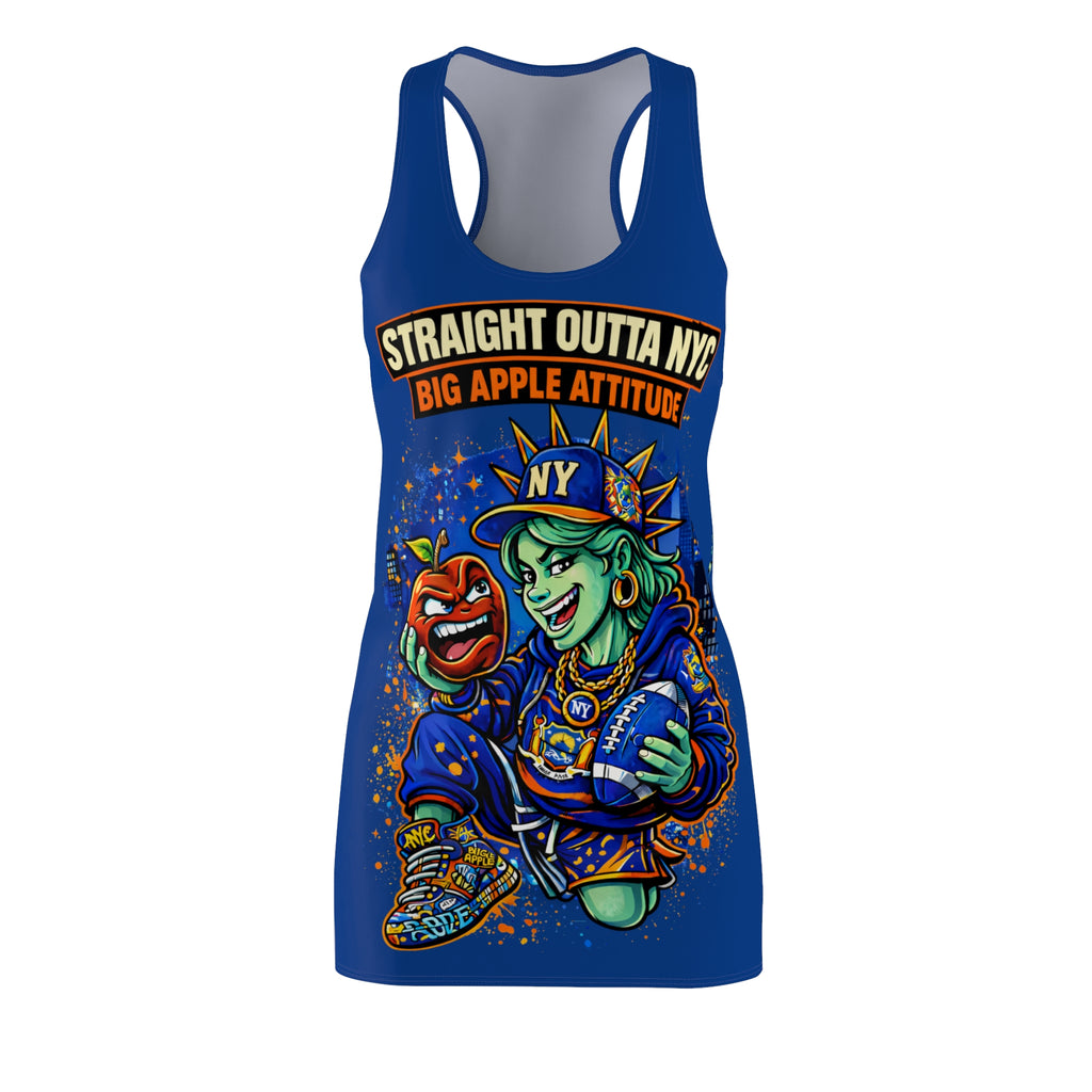 Blue Racerback Dress with "Straight Outta NYC Big Apple Attitude" print, all-over cityscape design, by TimeWarp Drip.