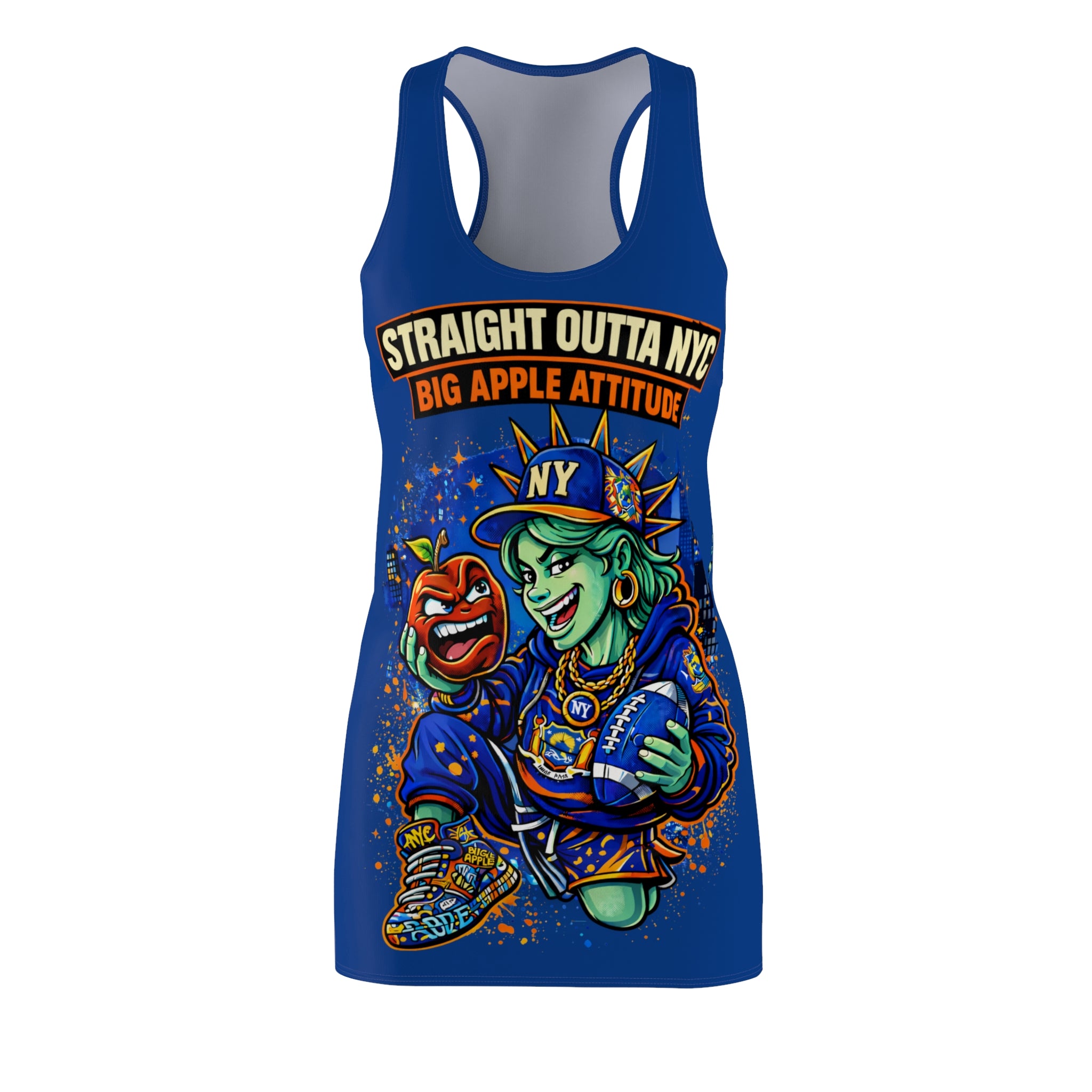 Blue Racerback Dress with "Straight Outta NYC Big Apple Attitude" print, all-over cityscape design, by TimeWarp Drip.