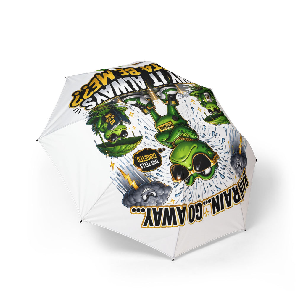 TimeWarp Drip Printify foldable umbrella—white, waterproof streetwear drip with bold "Rain? Go Away" and fly frog cartoon for urban trendsetters. streetwear apparel