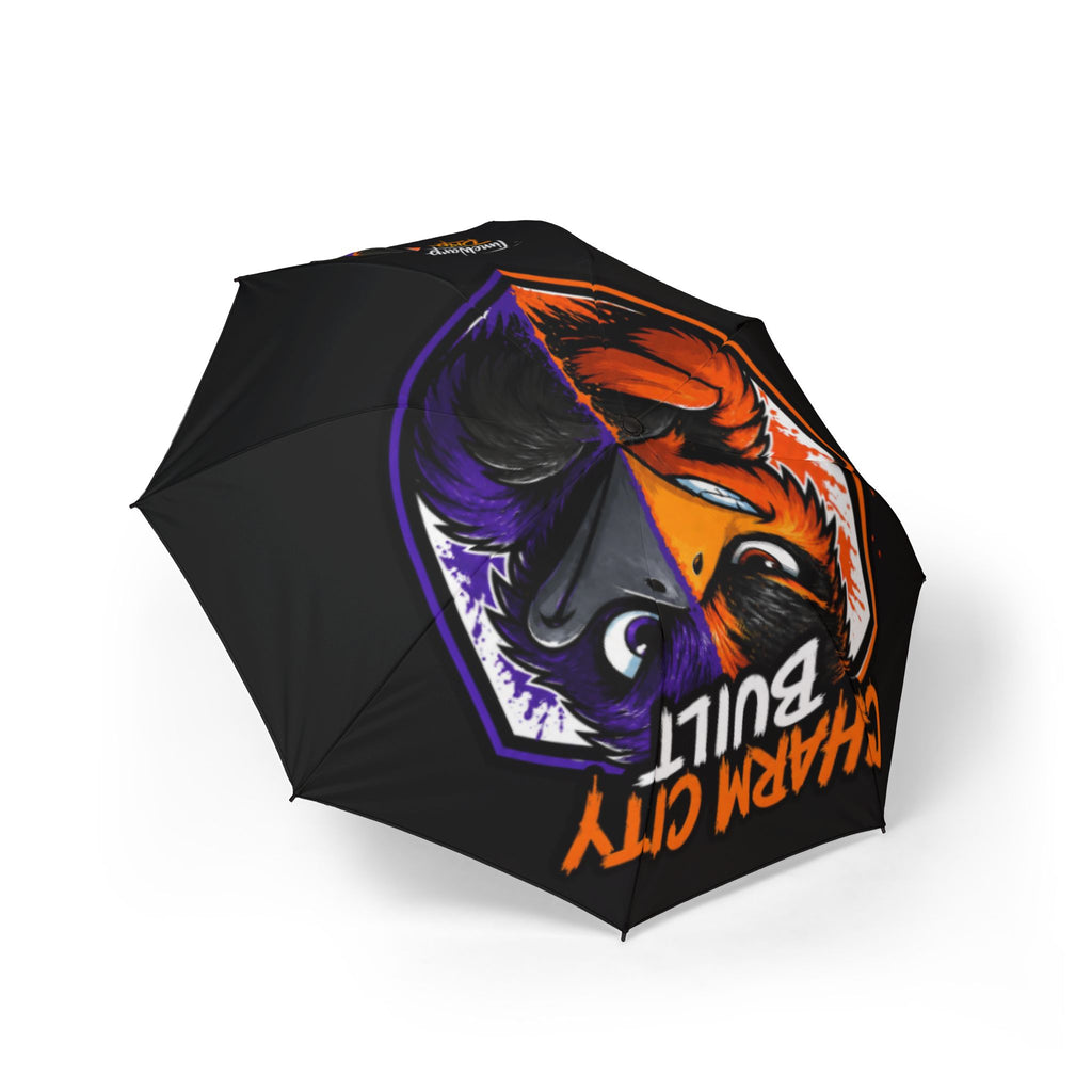 TimeWarp Drip Black "Charm City Built" foldable umbrella: fierce animal face, streetwise style, ultra-waterproof drip. 