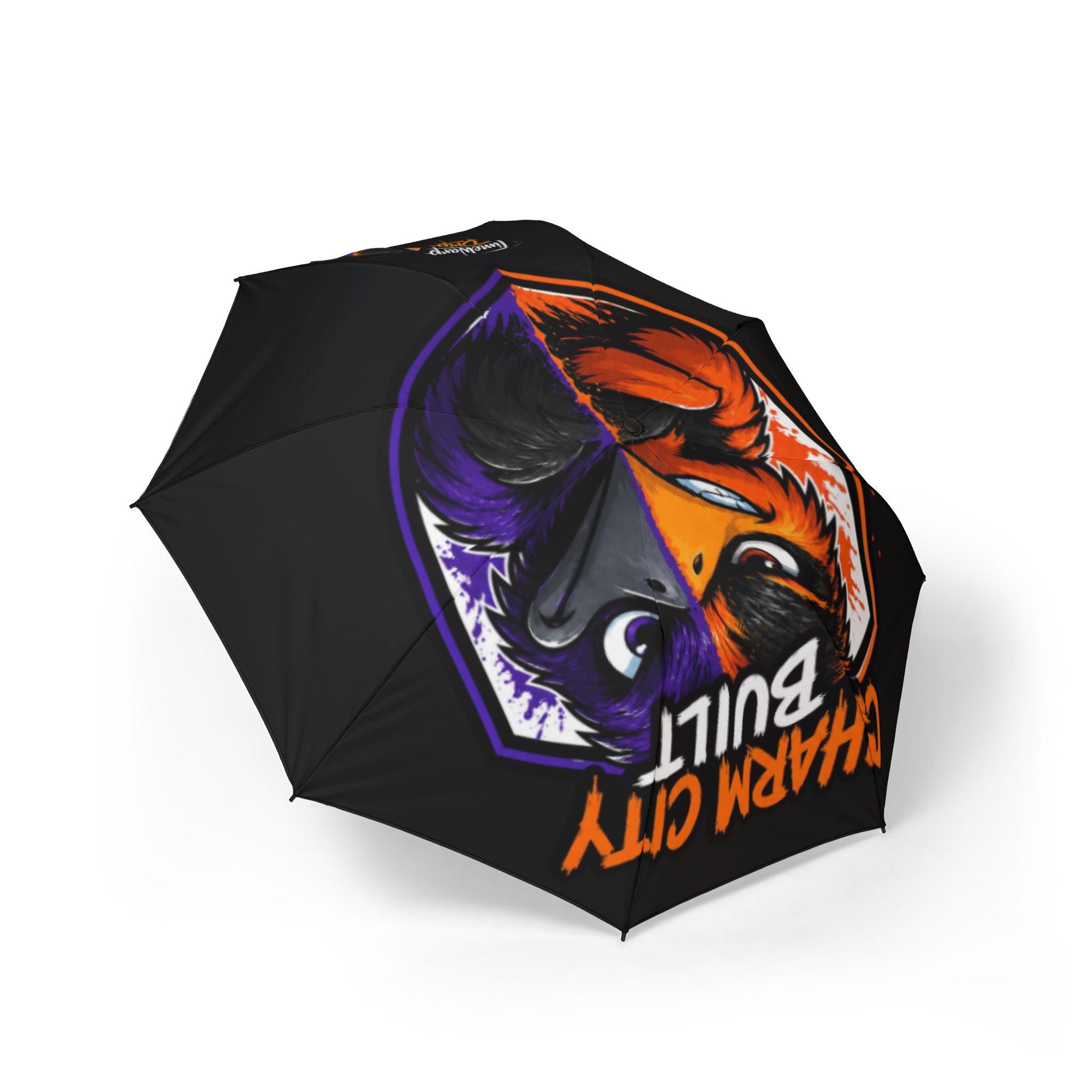 TimeWarp Drip Black "Charm City Built" foldable umbrella: fierce animal face, streetwise style, ultra-waterproof drip. 