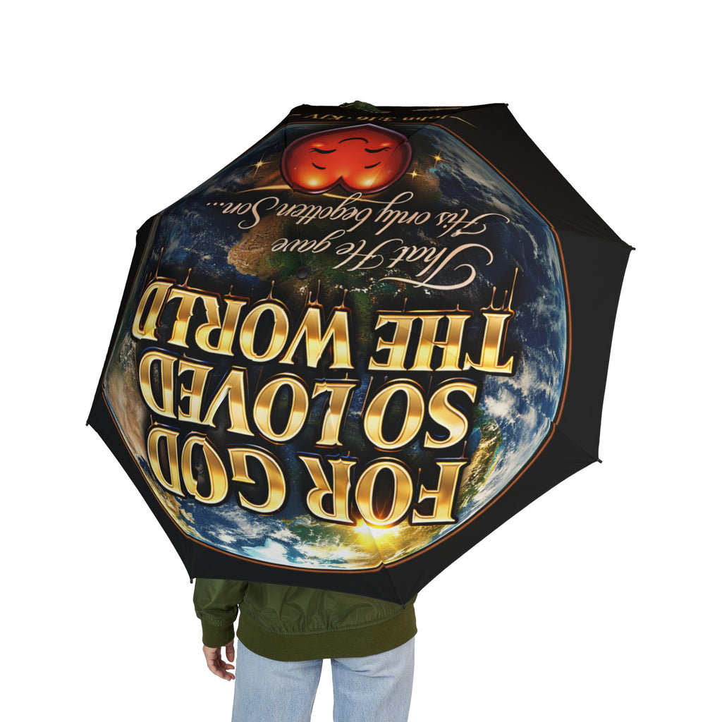 TimeWarp Drip Drip alert! Black Printify John 3:16 travel umbrella flaunts bold street style, “For God So Loved the World,” Earth flipped. streetwear apparel