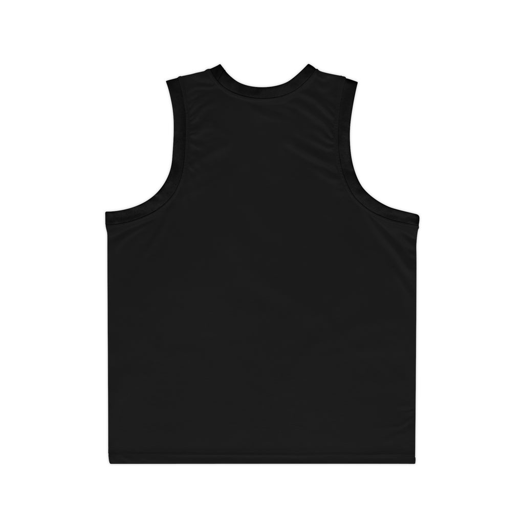 Black Court of Legends basketball jersey with all-over print design, featuring bold graphics and athletic style by Printify.
