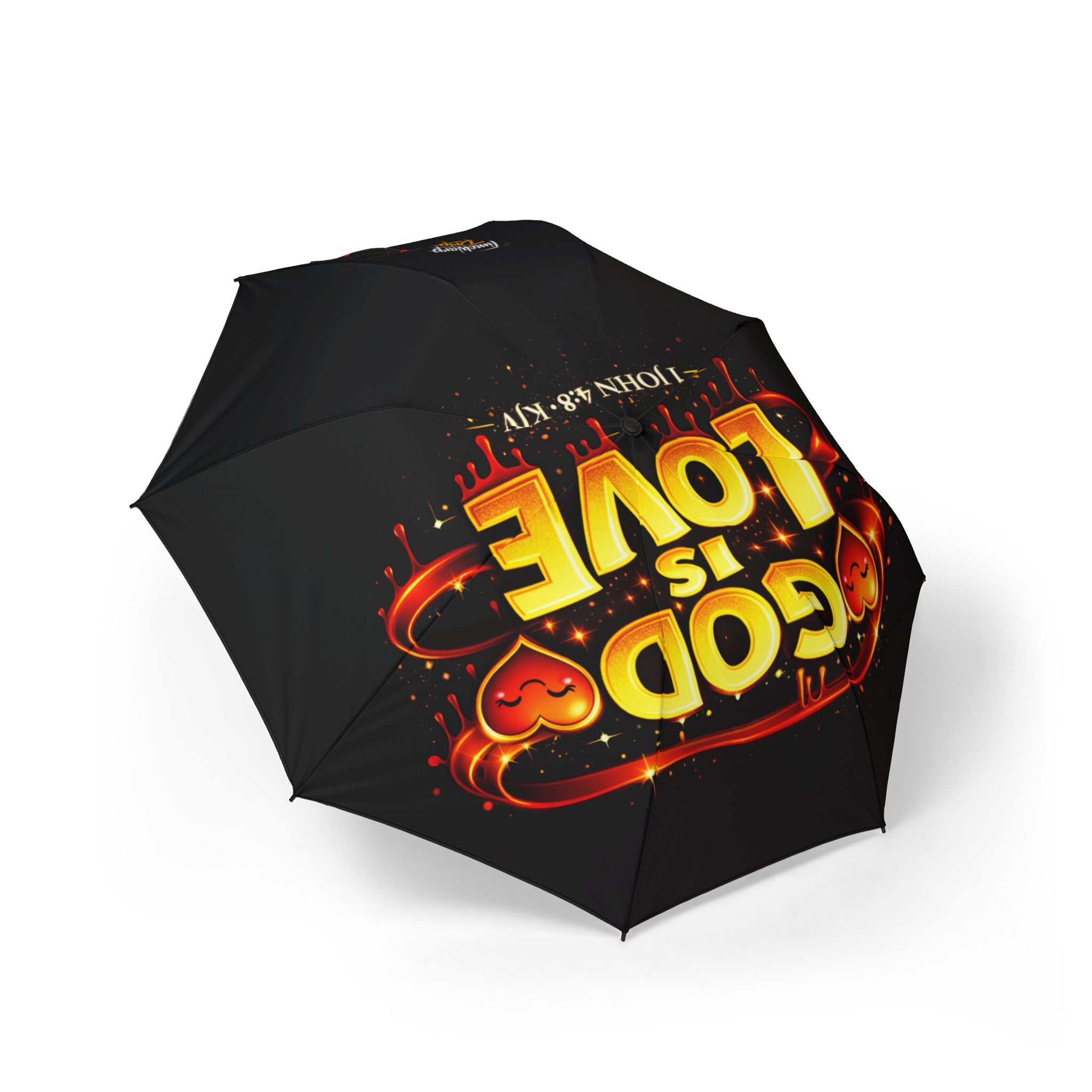 The "God Is Love" Design (Semi-Automatic) Foldable Black Umbrella features bold yellow and red “GOD IS LOVE” text, two heart icons, and a “John 4:8 KJV” reference. One size fits most with a spacious canopy for extra coverage.
