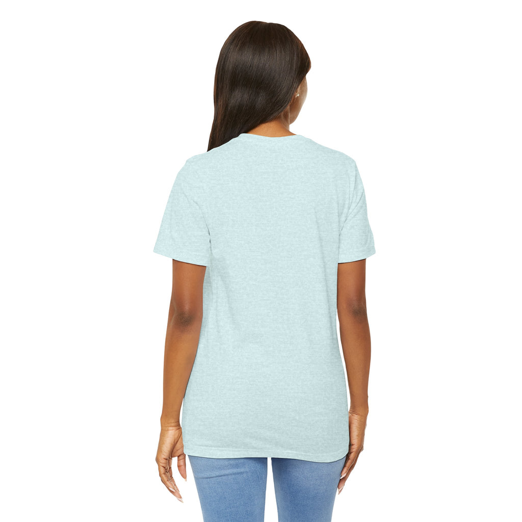 TimeWarp Drip Back view: woman rocking a light blue "Luck Don't Chase Nobody" streetwear tee, bold clover, denim jeans, crisp white backdrop. streetwear apparel