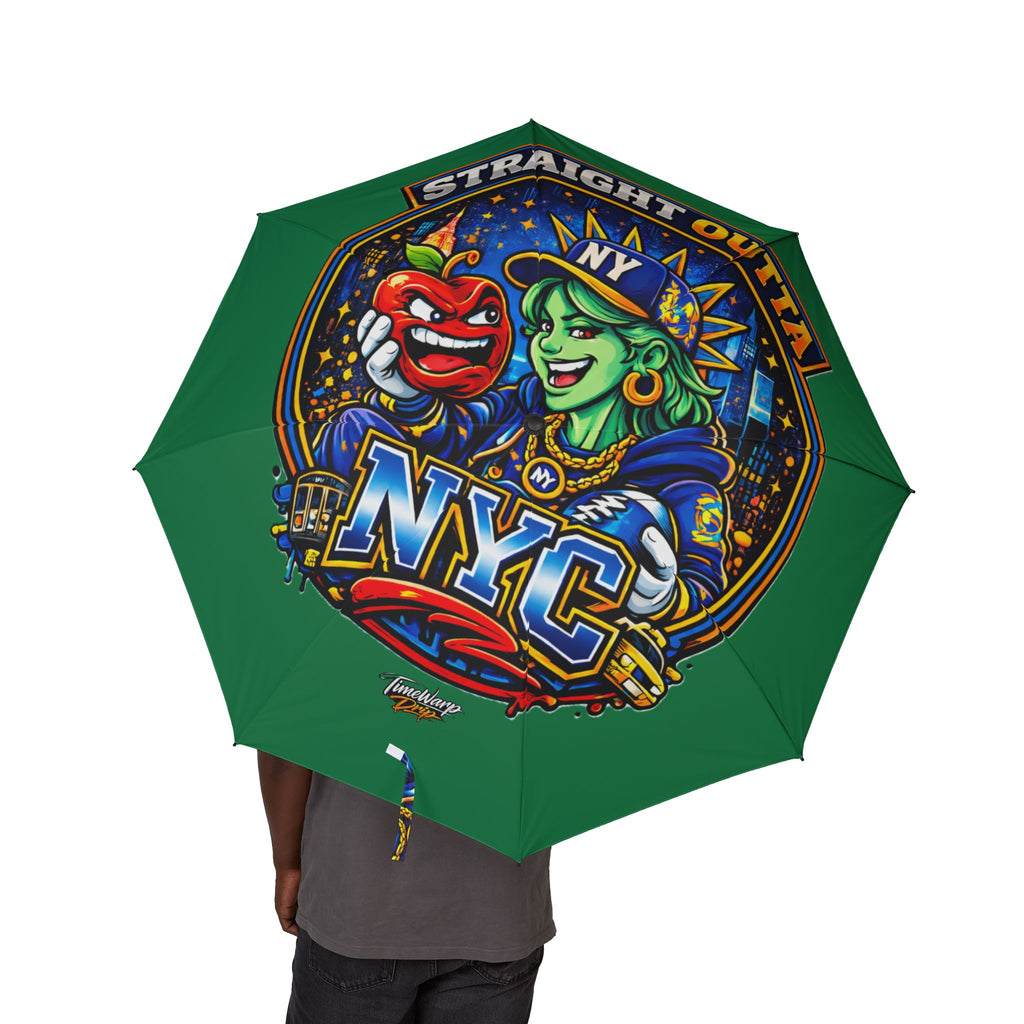 Green NYC Night Out foldable umbrella with colorful design, semi-automatic rain umbrella from TimeWarp Drip, compact and stylish accessories.