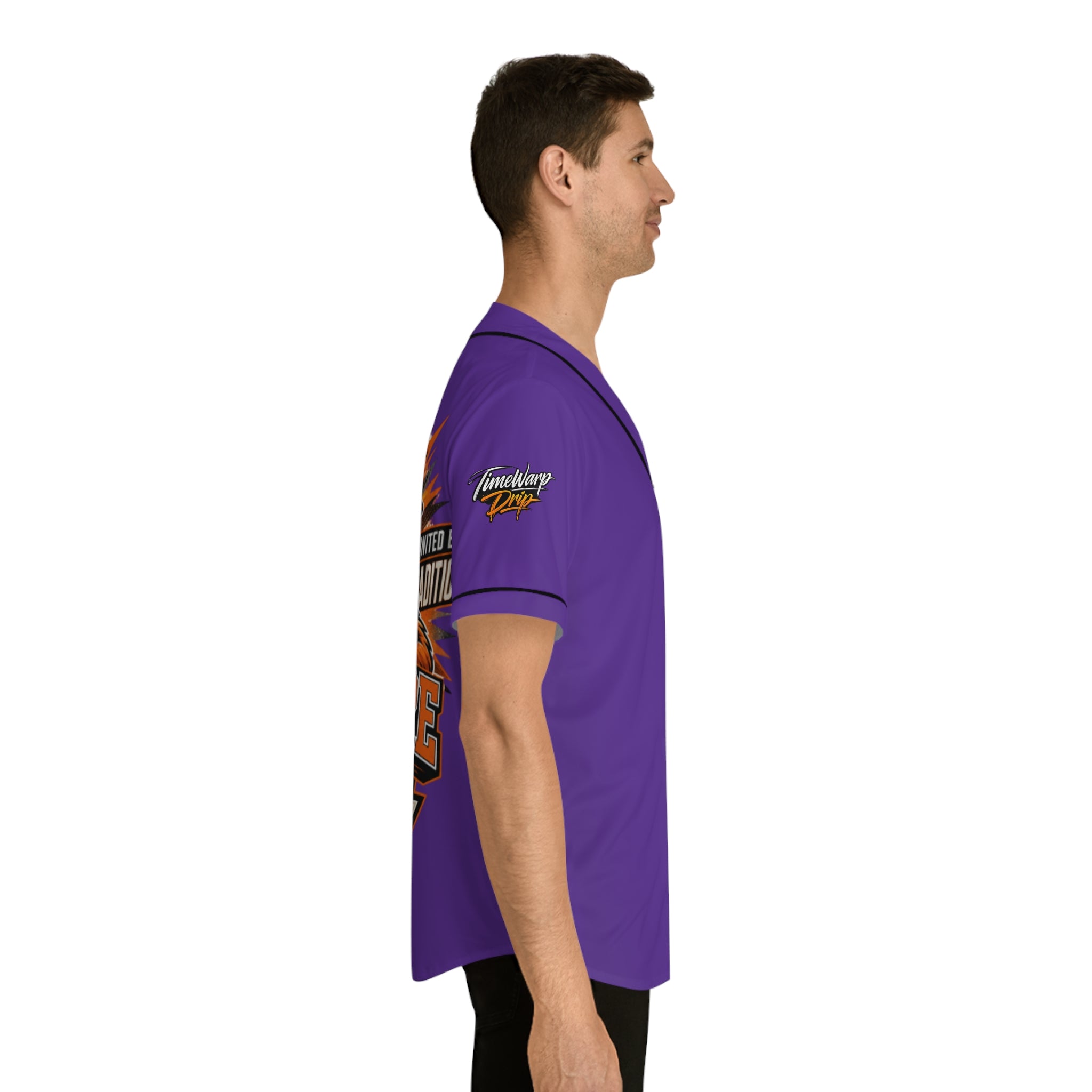 TimeWarp Drip – Purple baseball jersey, Charm City Built graphic, worn in profile; sharp urban streetwear energy on crisp white background. | premium streetwear