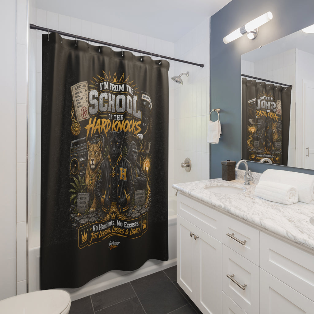 TimeWarp Drip – White vanity, bold graphic School of Hard Knocks motivational shower curtain, modern bathroom, urban street style energy. | premium streetwear