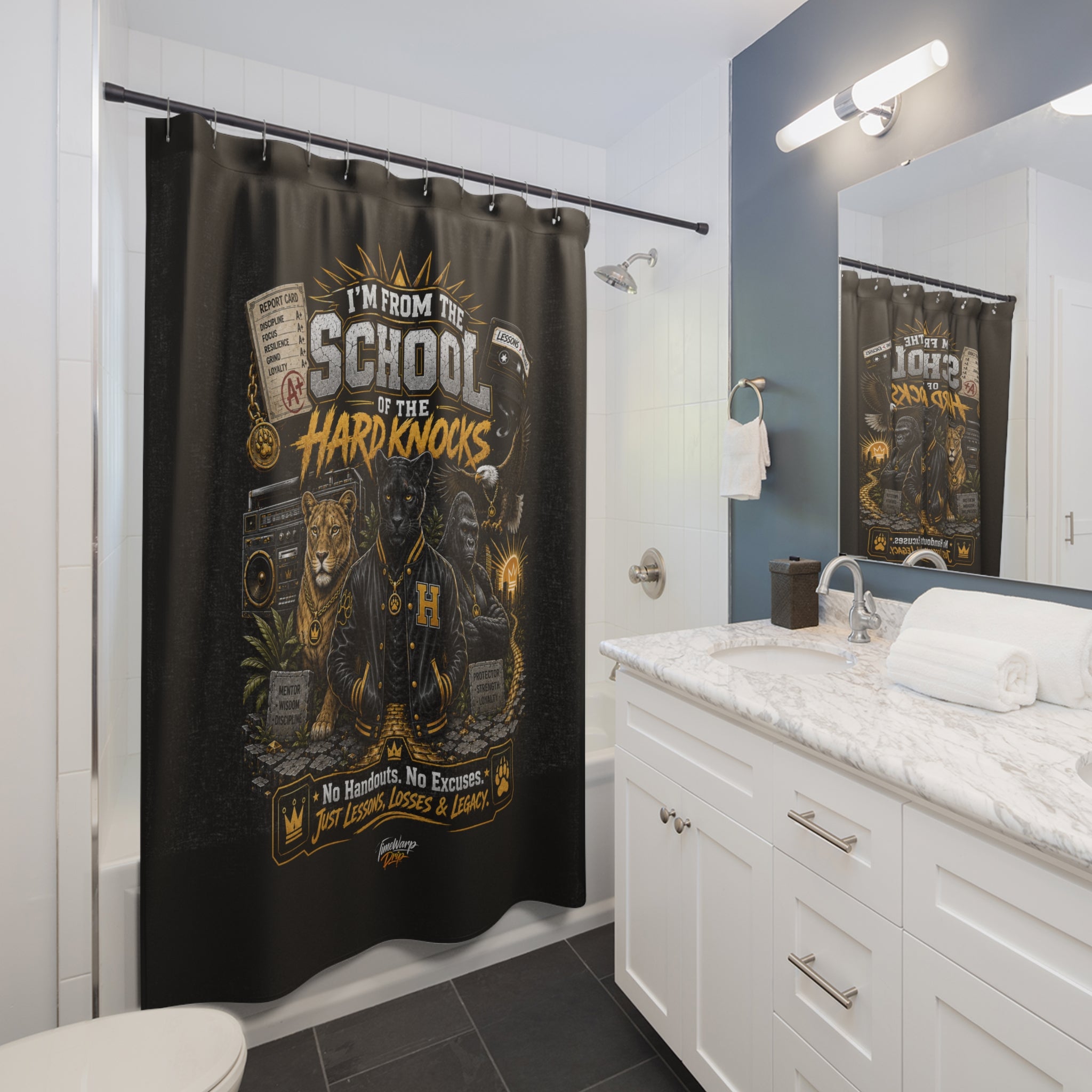 TimeWarp Drip – White vanity, bold graphic School of Hard Knocks motivational shower curtain, modern bathroom, urban street style energy. | premium streetwear