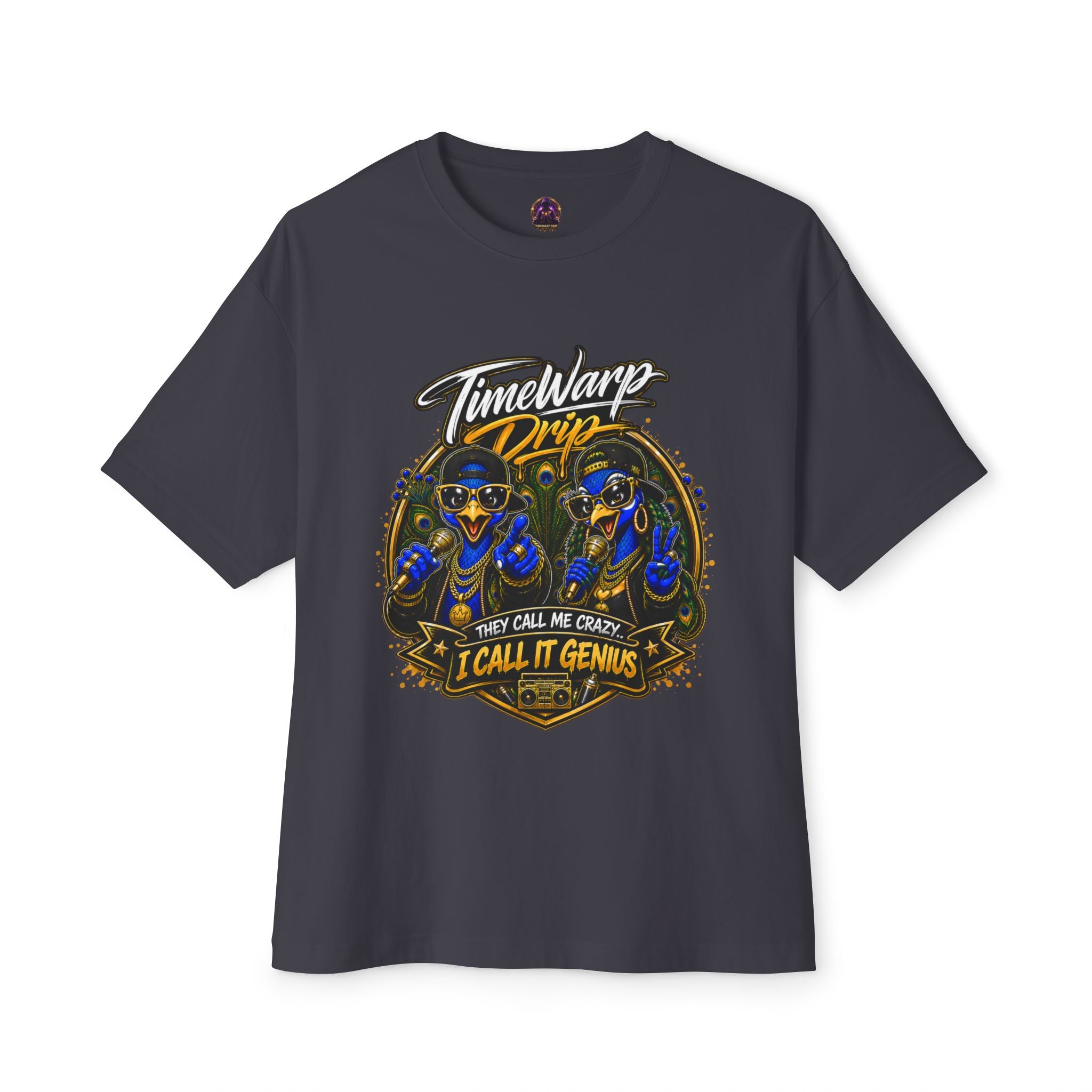 TimeWarp Drip – Oversized black boxy tee with dual peacock street art and “They call me crazy, I call it genius” graffiti-style text. | premium streetwear